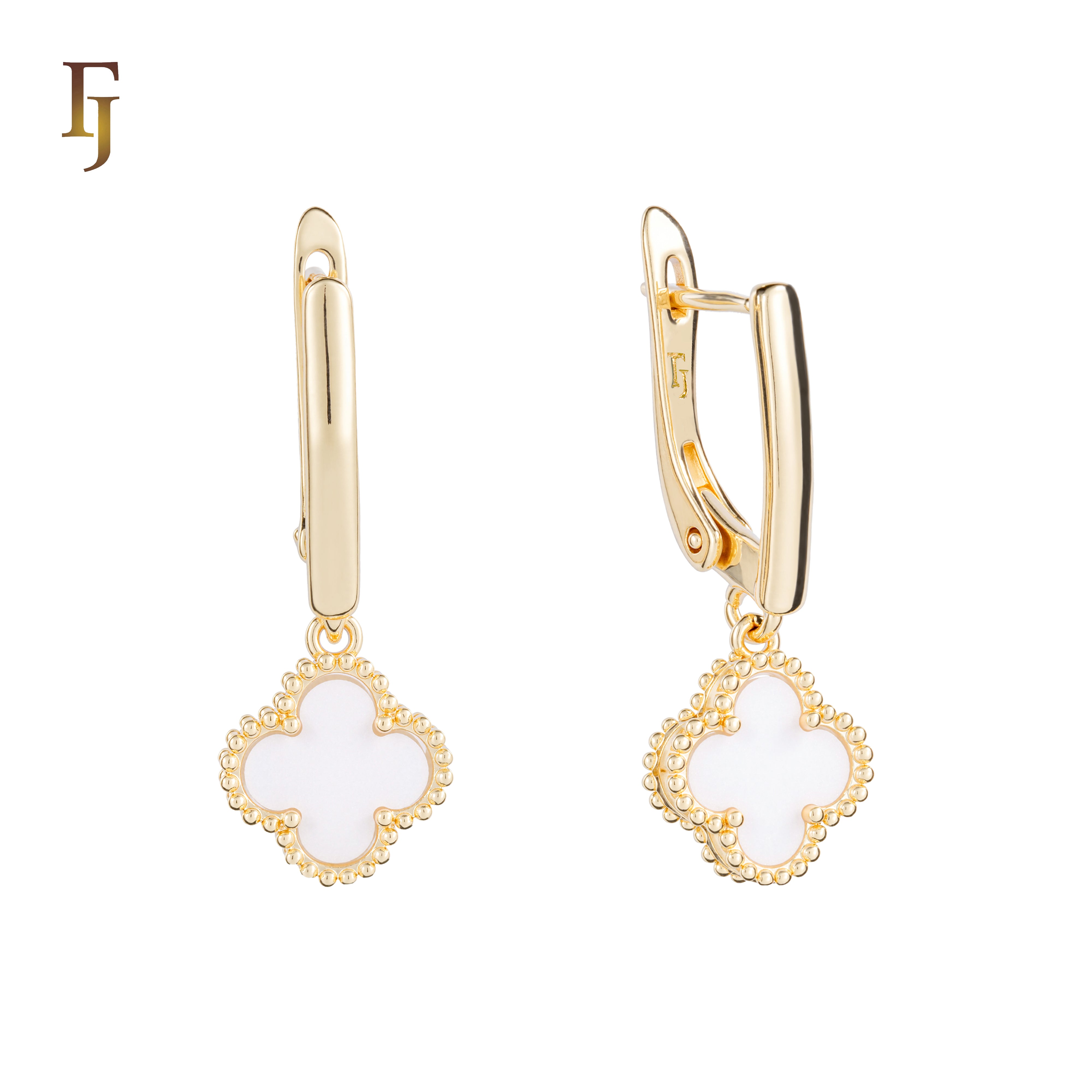 🔥 Rose Gold Drop Earrings with White Clover Charm – Elegant Russian Lock Earrings for Women