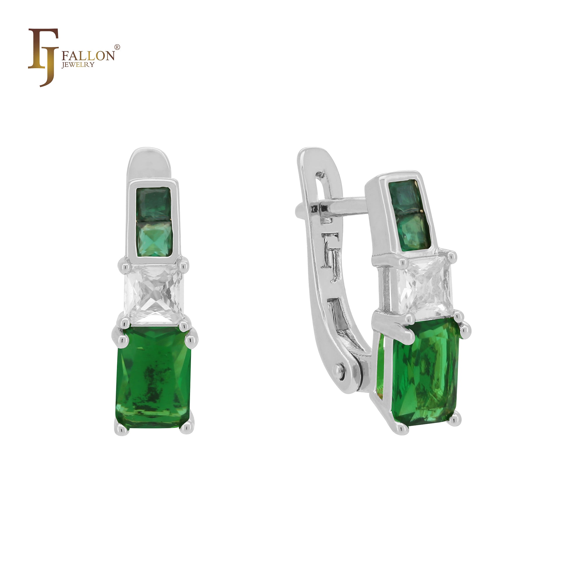 Squared CZs cluster colorful 14K Gold, Rose Gold Russian Lock Earrings
