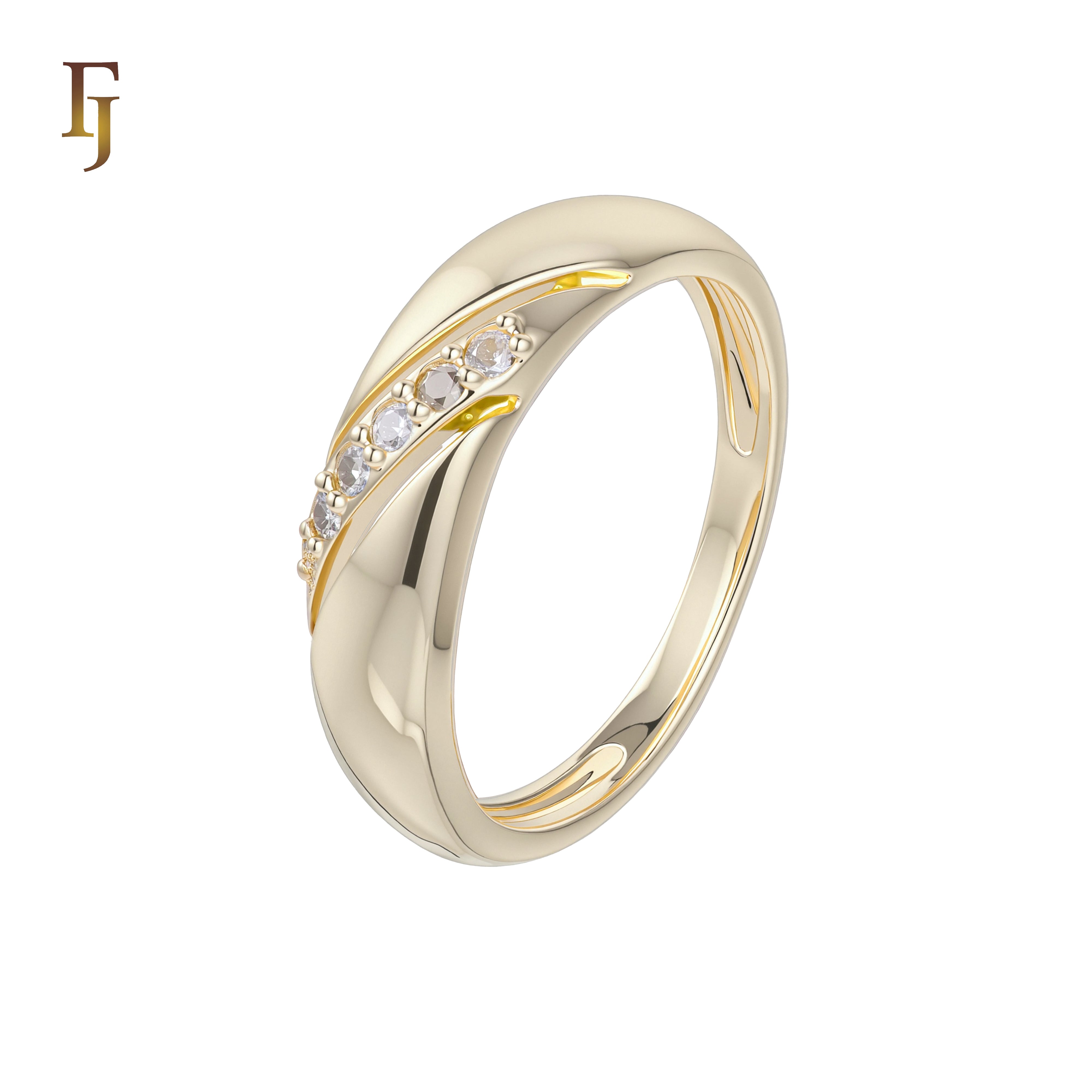 Gold Plated CZ Band Ring for Women – 14K Yellow Gold Twist Design, 4.8mm Wide | FJ Jewelry 53200023-01