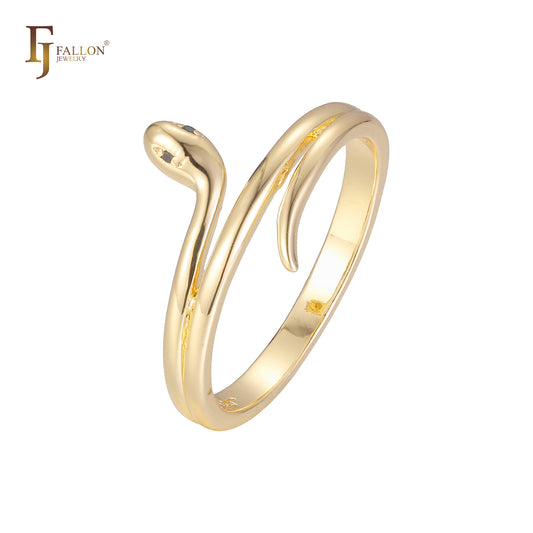 Anillos de moda de oro rosa con serpiente de encuadernación brillante y circonitas negras