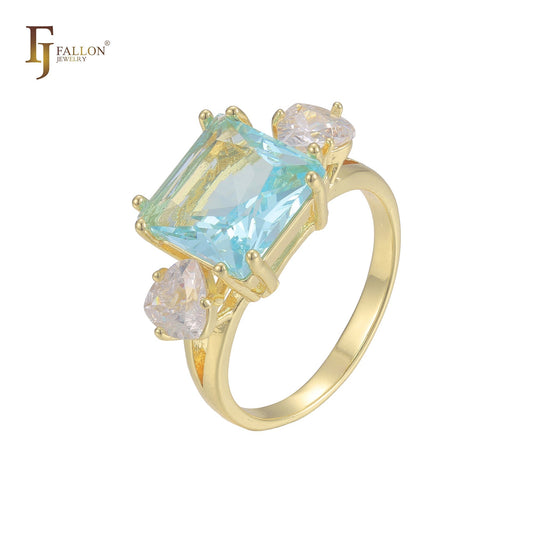 🔥 Solitaire big emeald cut colorful CZ sided with two white CZs 14K Gold engagement rings