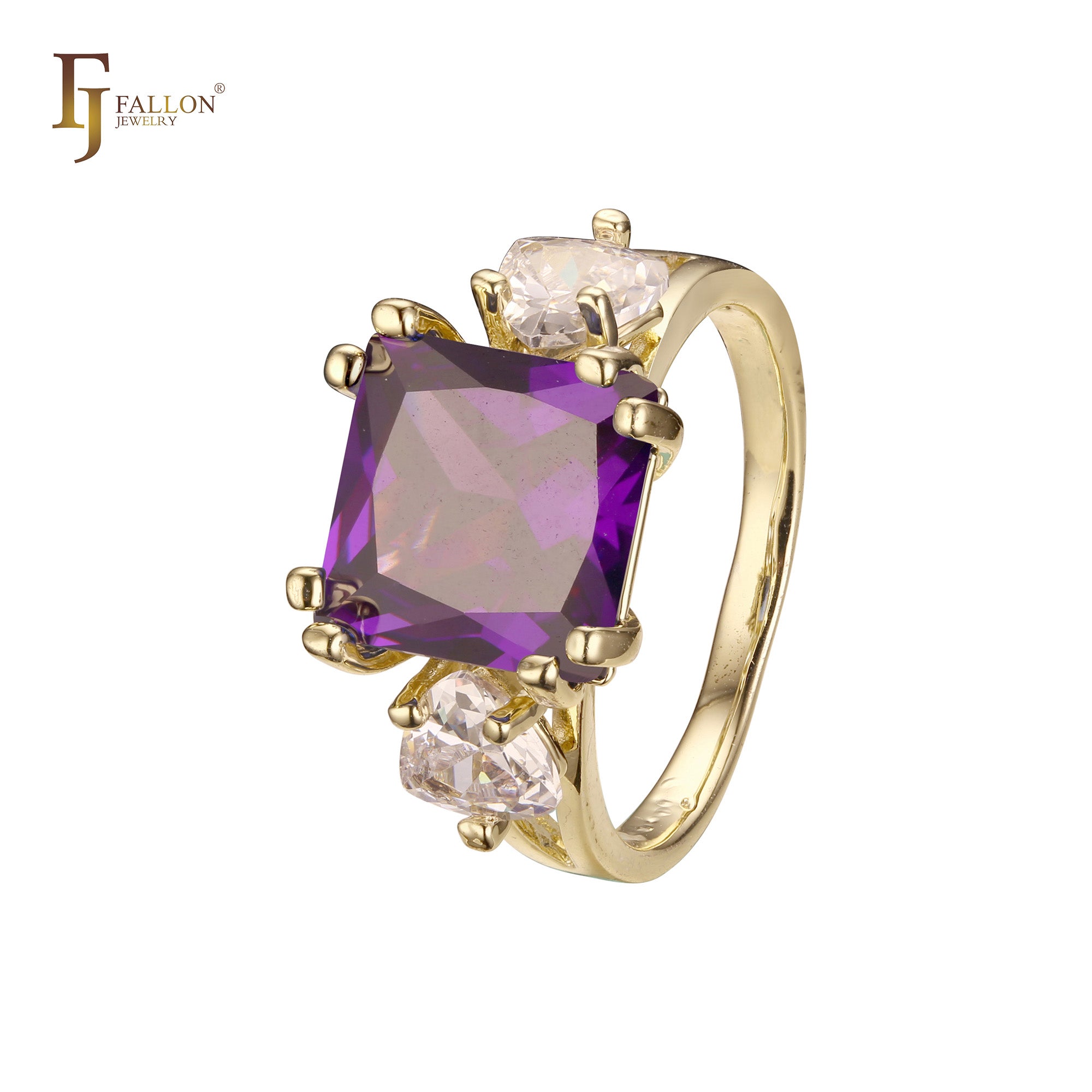 Anéis de noivado solitários de ouro 14K com zircônia cúbica colorida e lapidação esmeralda grande com dois zircônias cúbicas brancas