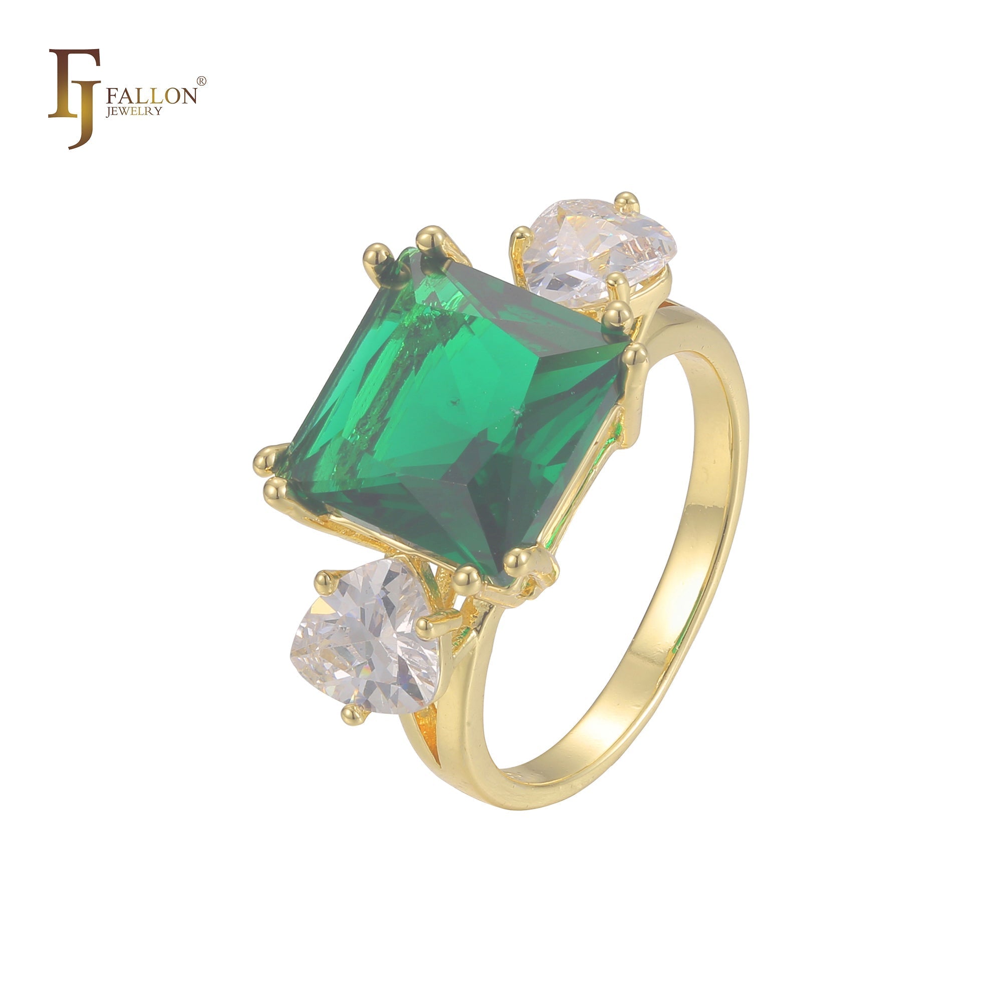 Anéis de noivado solitários de ouro 14K com zircônia cúbica colorida e lapidação esmeralda grande com dois zircônias cúbicas brancas