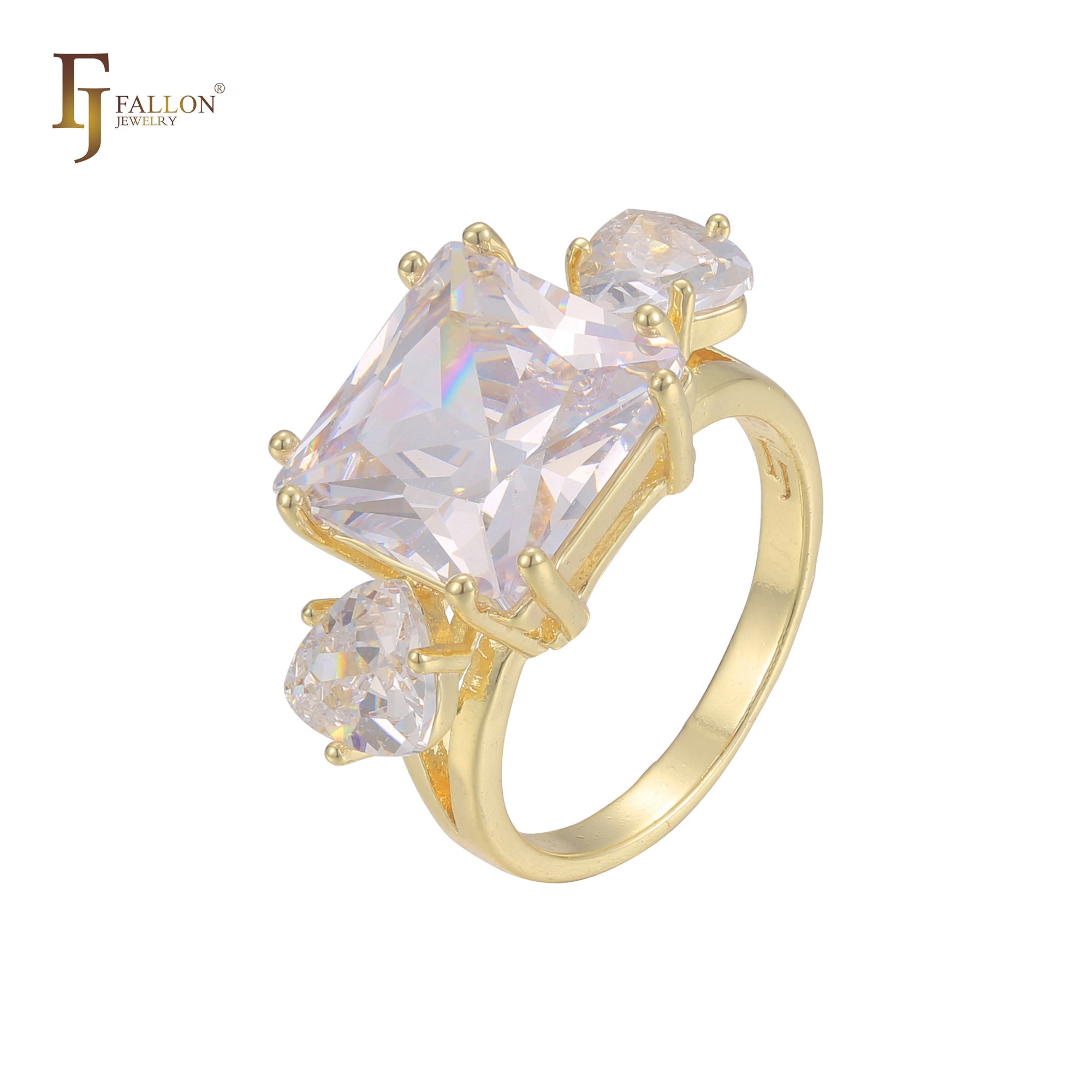 Anéis de noivado solitários de ouro 14K com zircônia cúbica colorida e lapidação esmeralda grande com dois zircônias cúbicas brancas