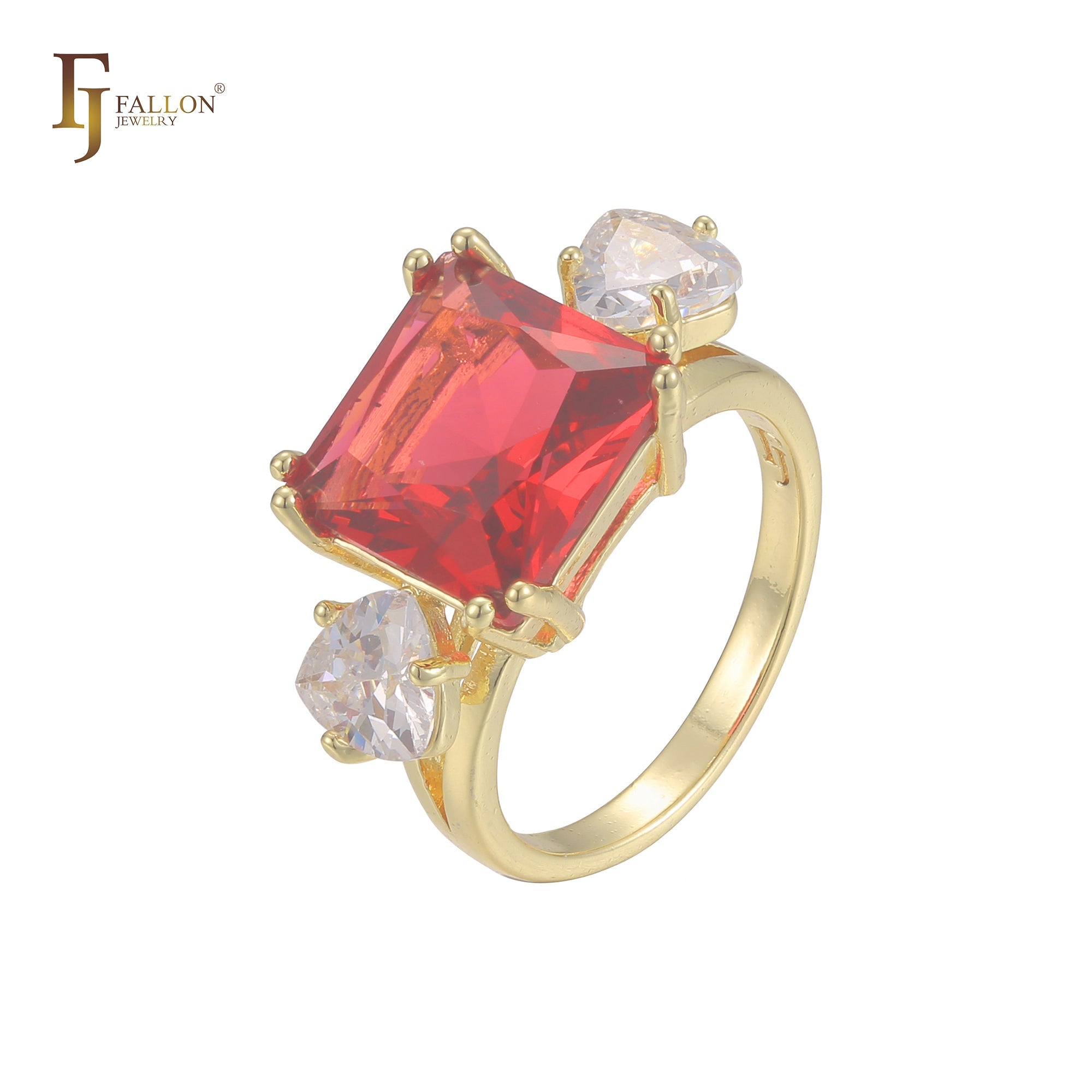 Anéis de noivado solitários de ouro 14K com zircônia cúbica colorida e lapidação esmeralda grande com dois zircônias cúbicas brancas