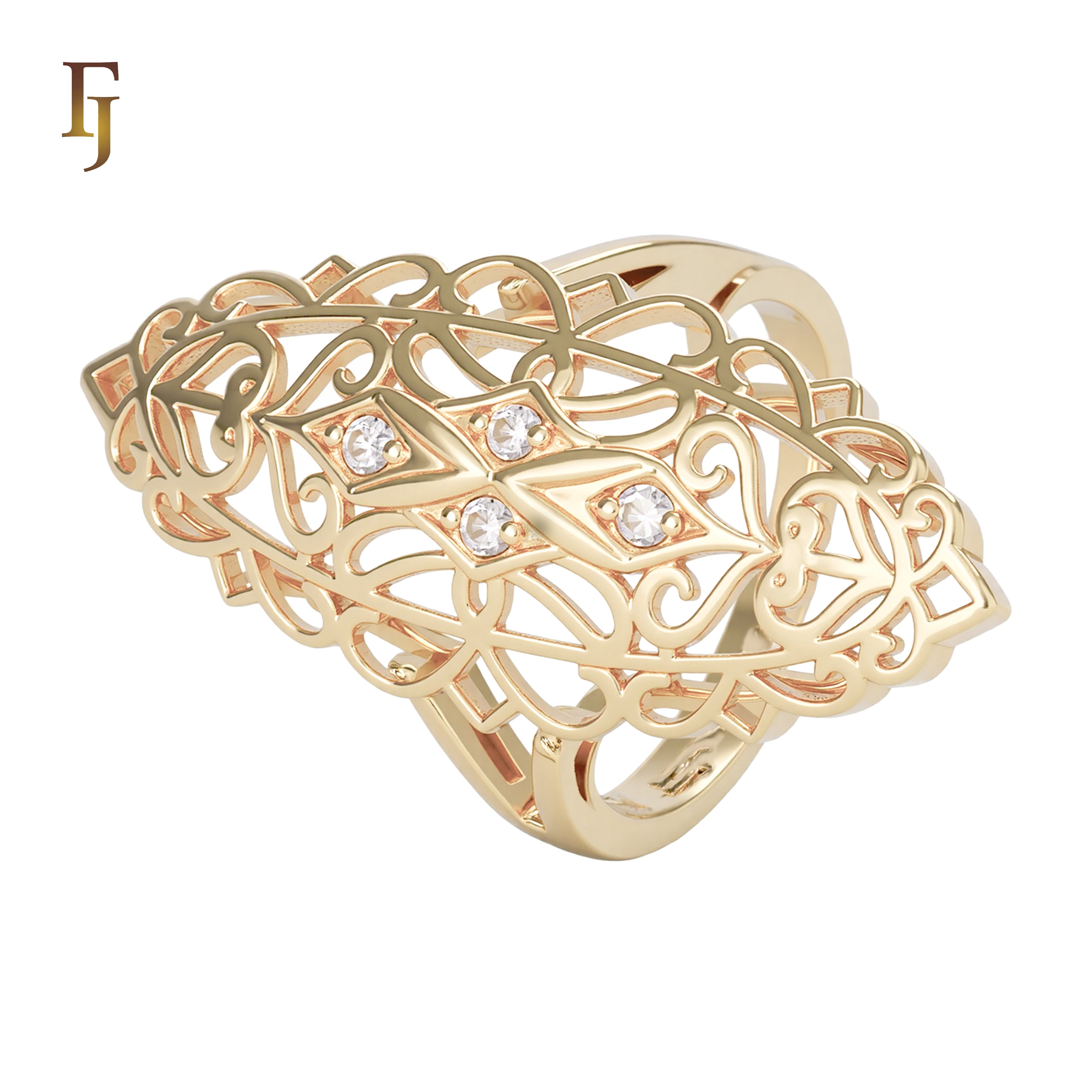 Gold Filigree Statement Ring for Women – Vintage Cutout Cocktail Ring with Clear Crystals – FJ Jewelry