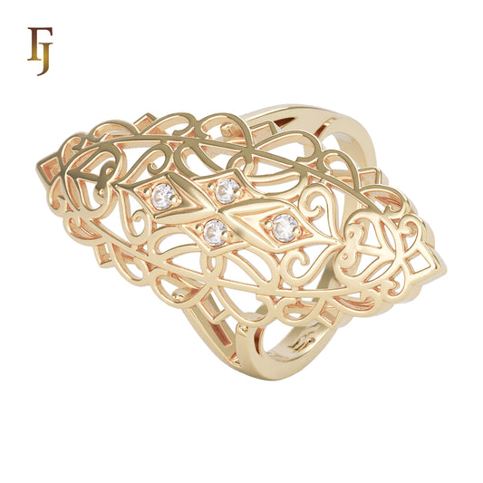Gold Filigree Statement Ring for Women – Vintage Cutout Cocktail Ring with Clear Crystals – FJ Jewelry