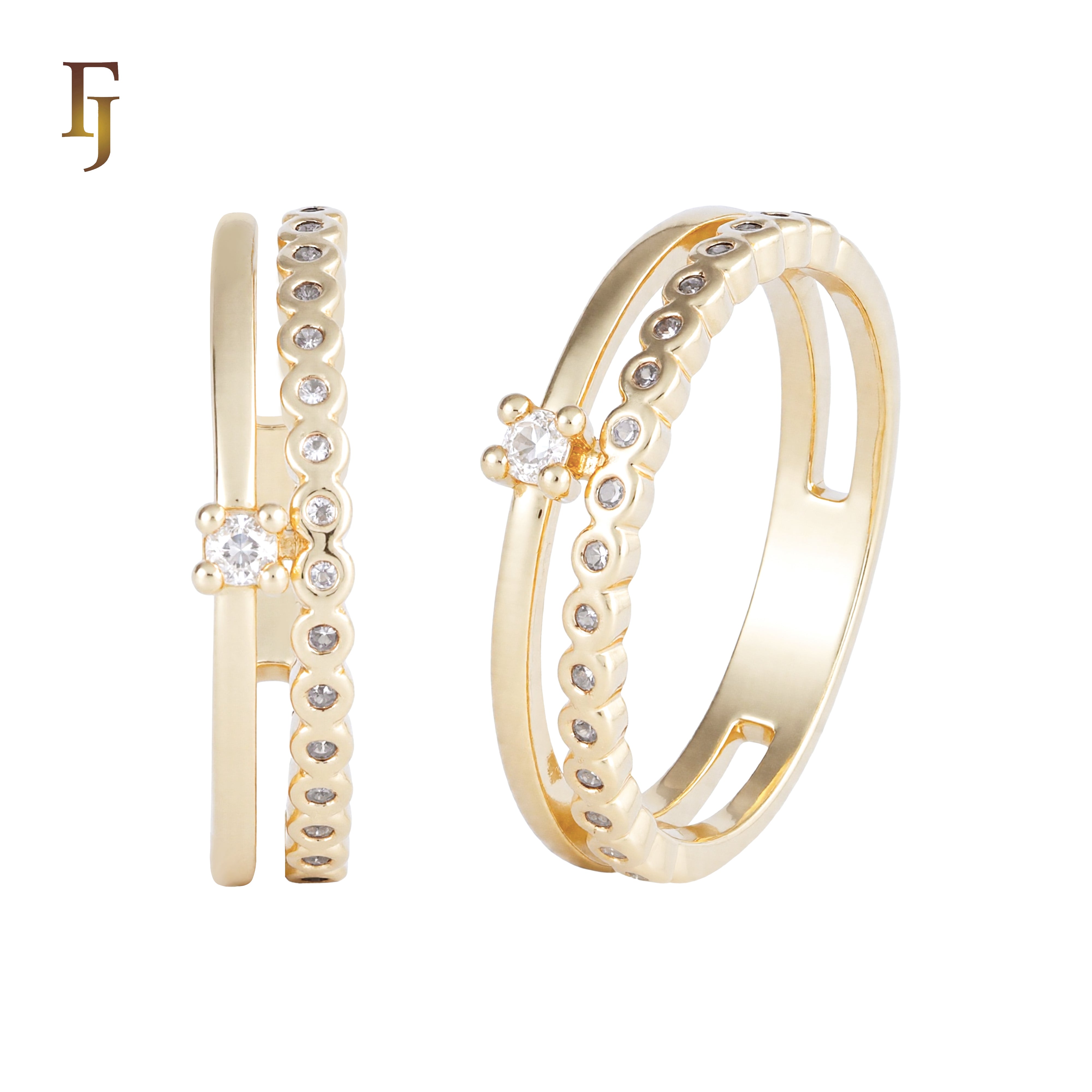 Vintage-Style Dual Band CZ Accent Gold Plated Ring with Beaded Edge | FJ Fallon Jewelry