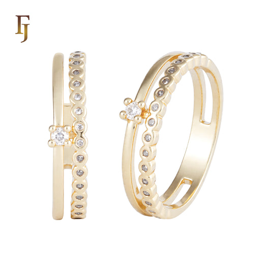 Vintage-Style Dual Band CZ Accent Gold Plated Ring with Beaded Edge | FJ Fallon Jewelry