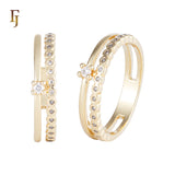 Vintage-Style Dual Band CZ Accent Gold Plated Ring with Beaded Edge | FJ Fallon Jewelry