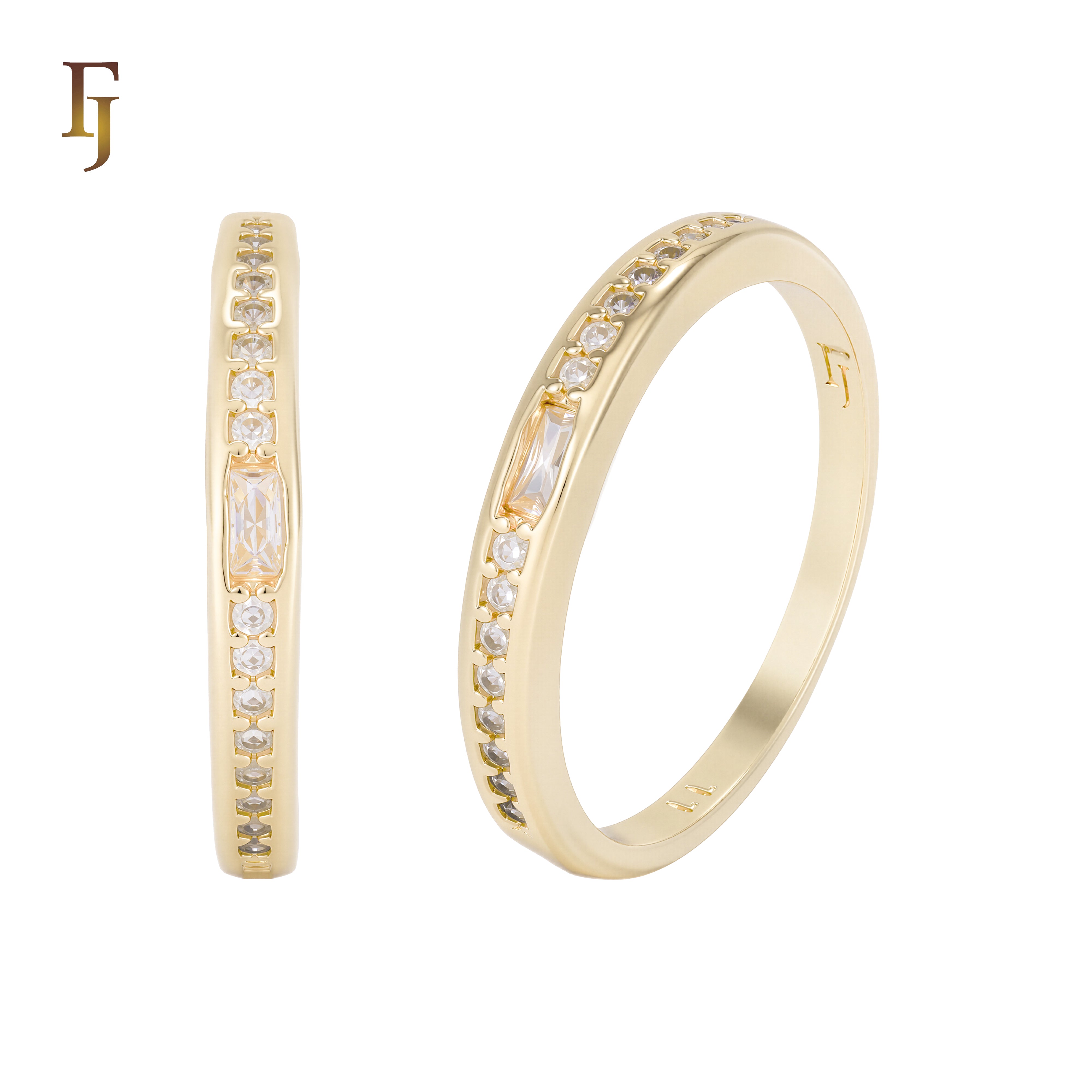 Slim Gold Plated Women’s Ring – Baguette & Round CZ Band for Stacking or Minimalist Wear