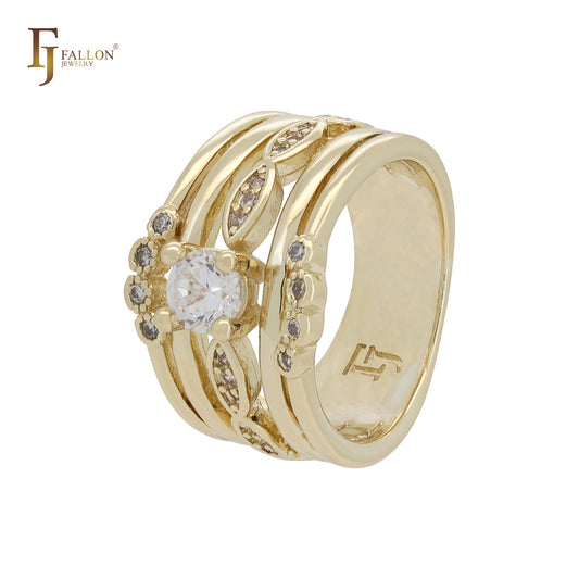 Wide solitaire triple band wedding rings plated in 14K Gold