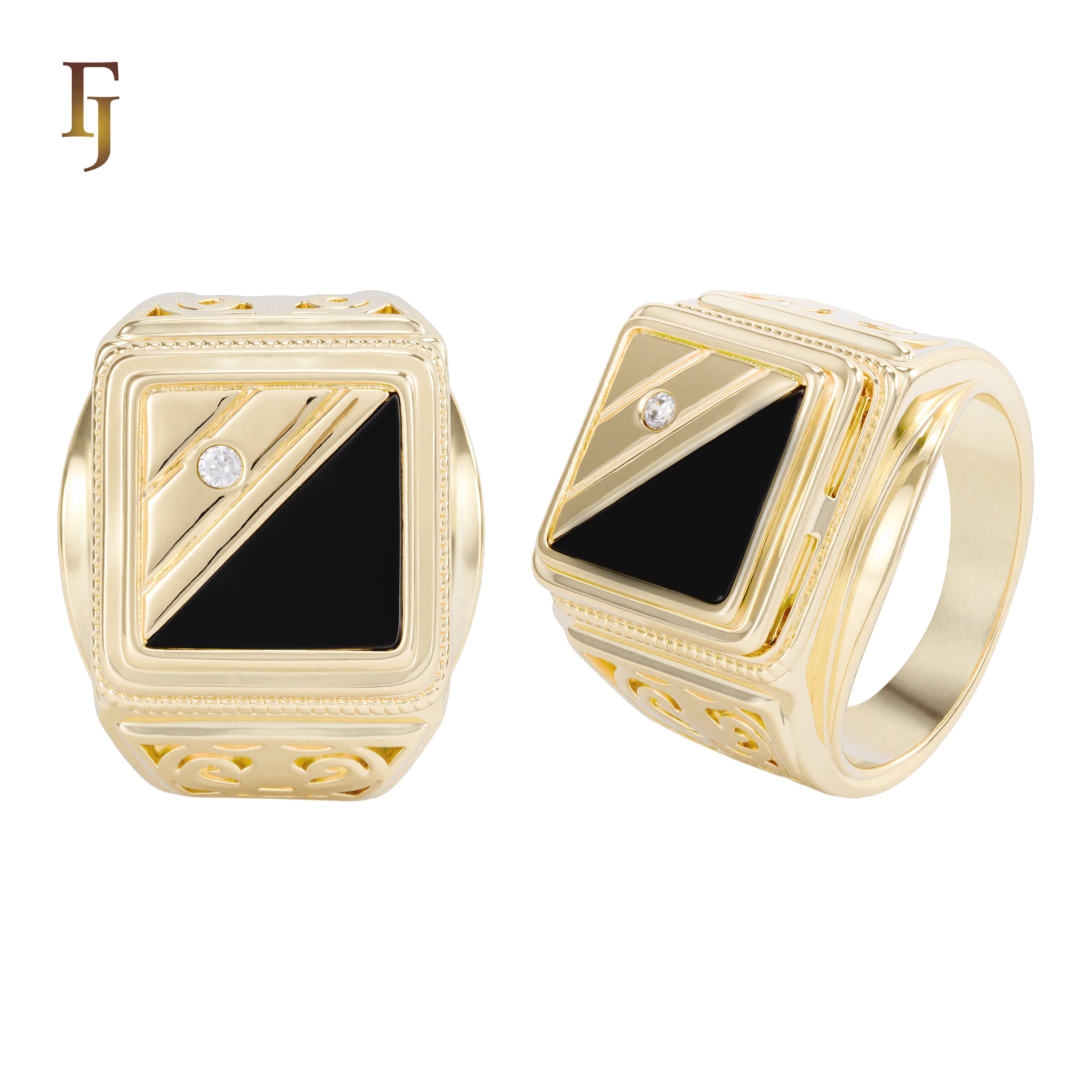 Square Black Onyx Men’s Ring – Gold Plated Brass Signet Ring with CZ Accent, Vintage Engraved Sides