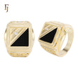 Square Black Onyx Men’s Ring – Gold Plated Brass Signet Ring with CZ Accent, Vintage Engraved Sides