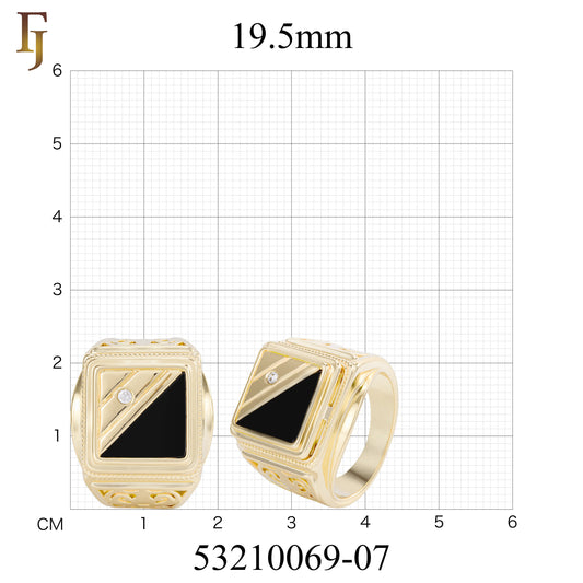 Square Black Onyx Men’s Ring – Gold Plated Brass Signet Ring with CZ Accent, Vintage Engraved Sides
