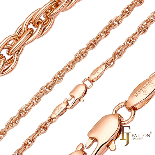 Rope link hammered chains plated in 14K Gold, Rose Gold