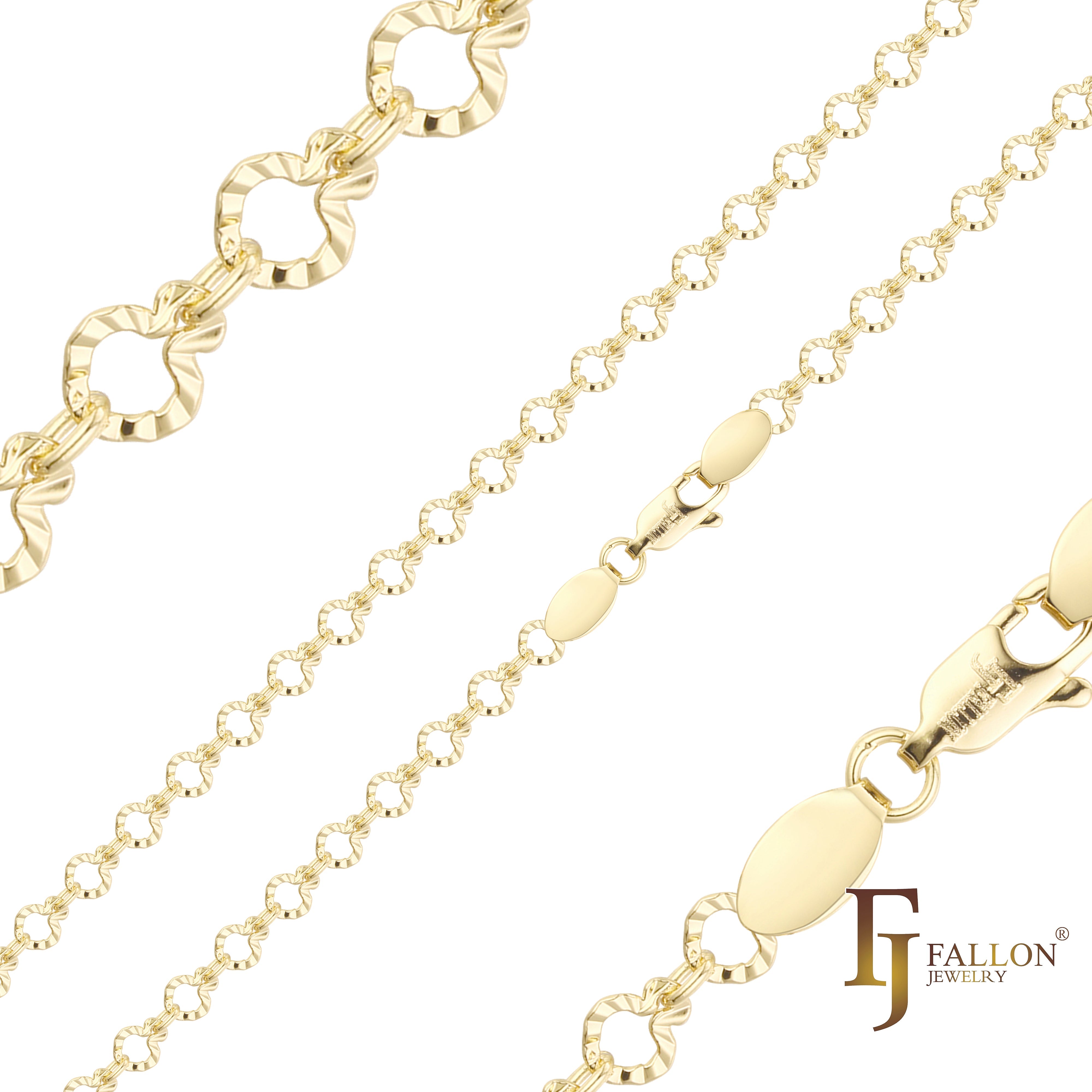 Sunburst hammered Shell fancy link chains plated in White Gold, 14K Gold, Rose Gold