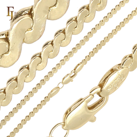 Correntes serpentinas largas com elos extravagantes banhadas em ouro 14K, ouro 18K, ouro rosa e ouro branco
