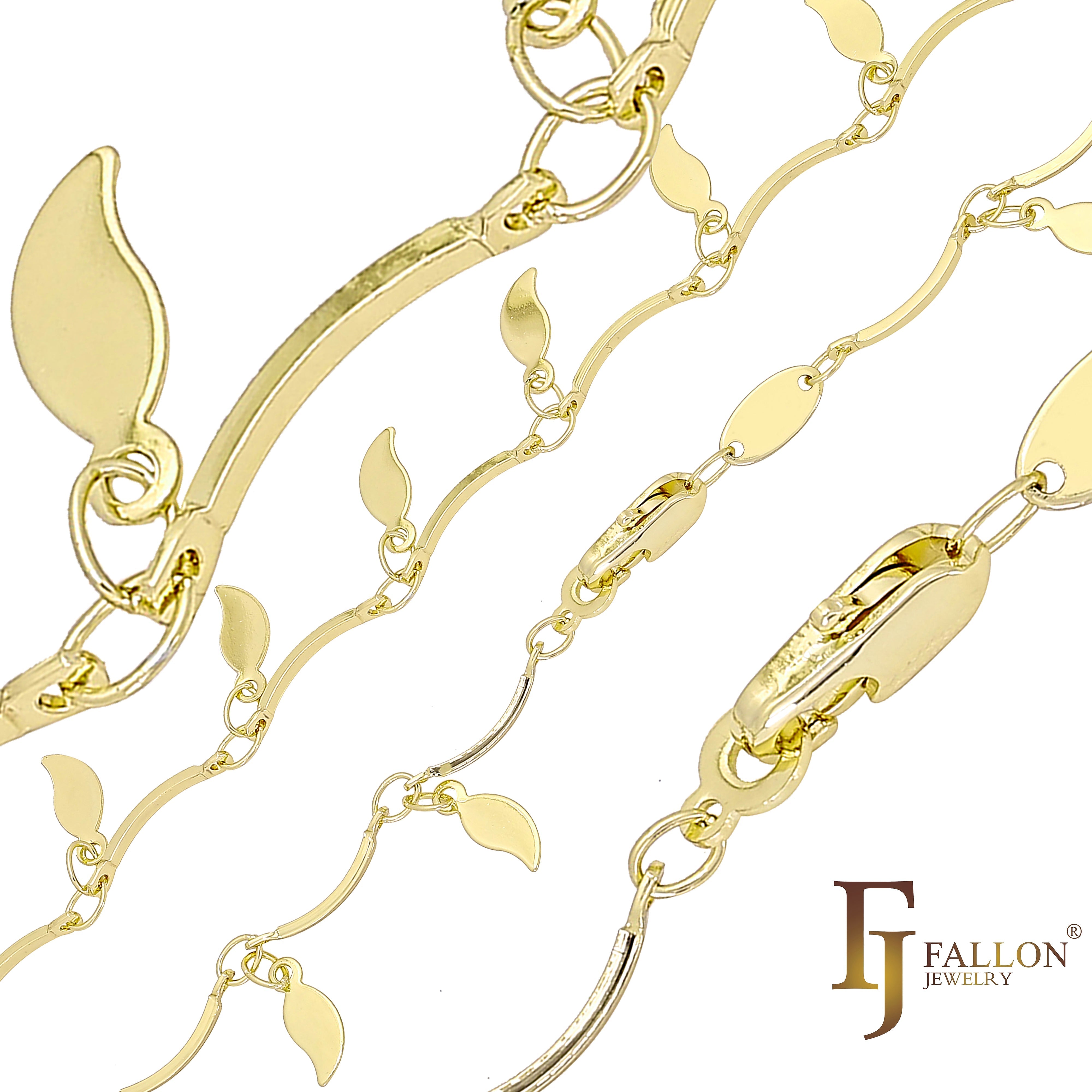 Fancy leaves and bar link chains plated in White Gold, 14K Gold, Rose Gold