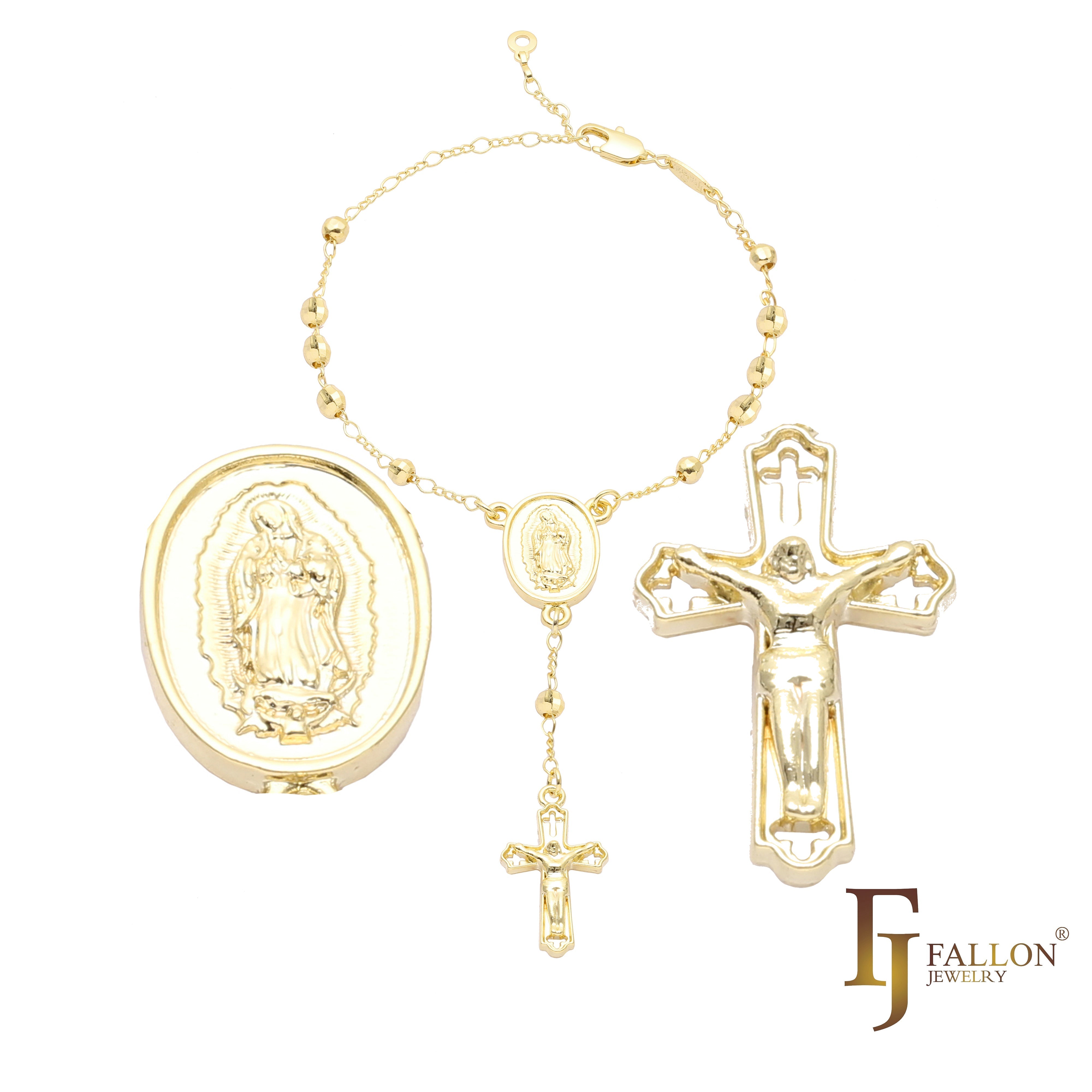 Italian Virgin of Guadalupe Catholic Rosary Necklace (Faceted Disco Beads) plated in 14K Gold, 14K Gold two tone