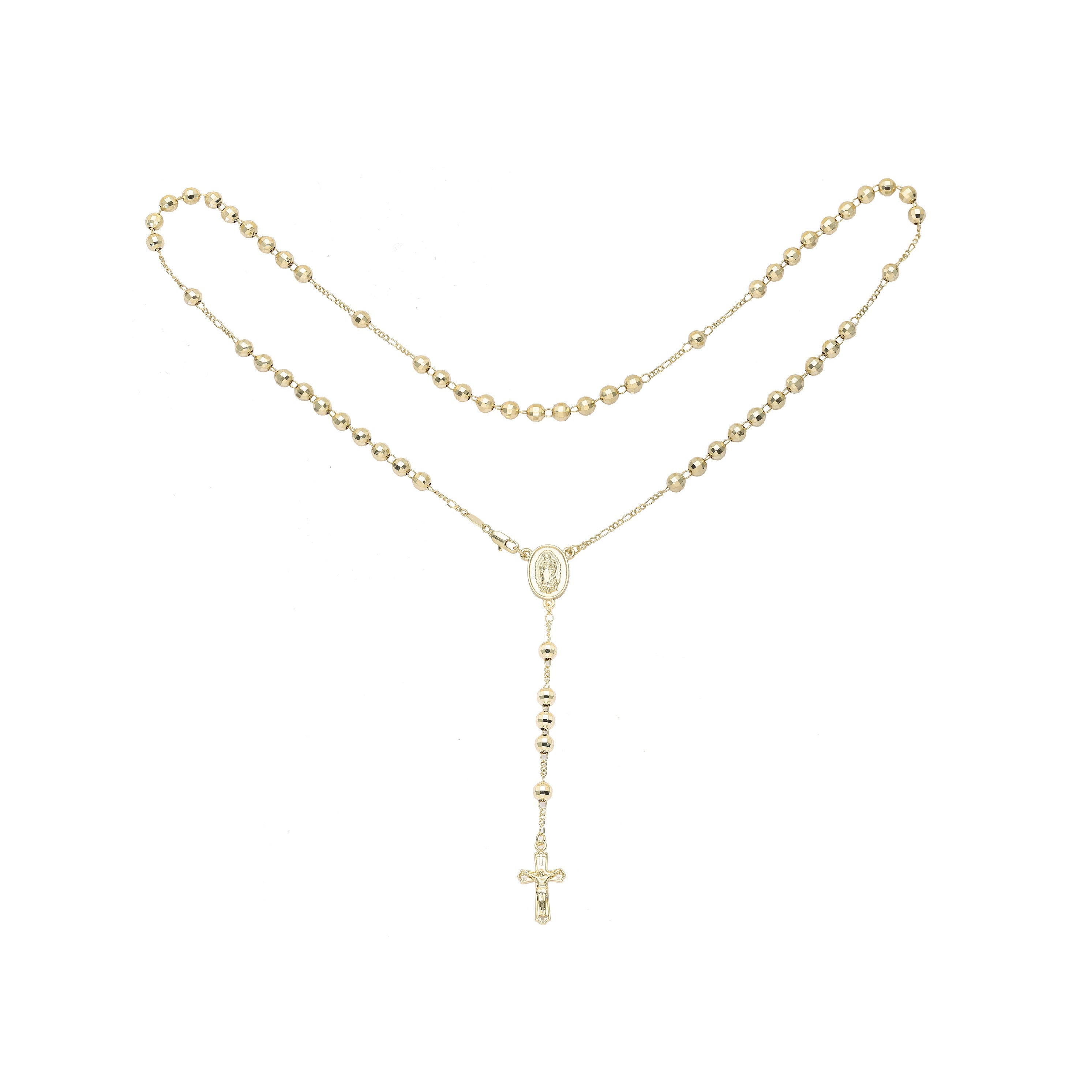 Italian Virgin of Guadalupe Catholic Rosary Necklace (Faceted Disco Beads) plated in 14K Gold, 14K Gold two tone