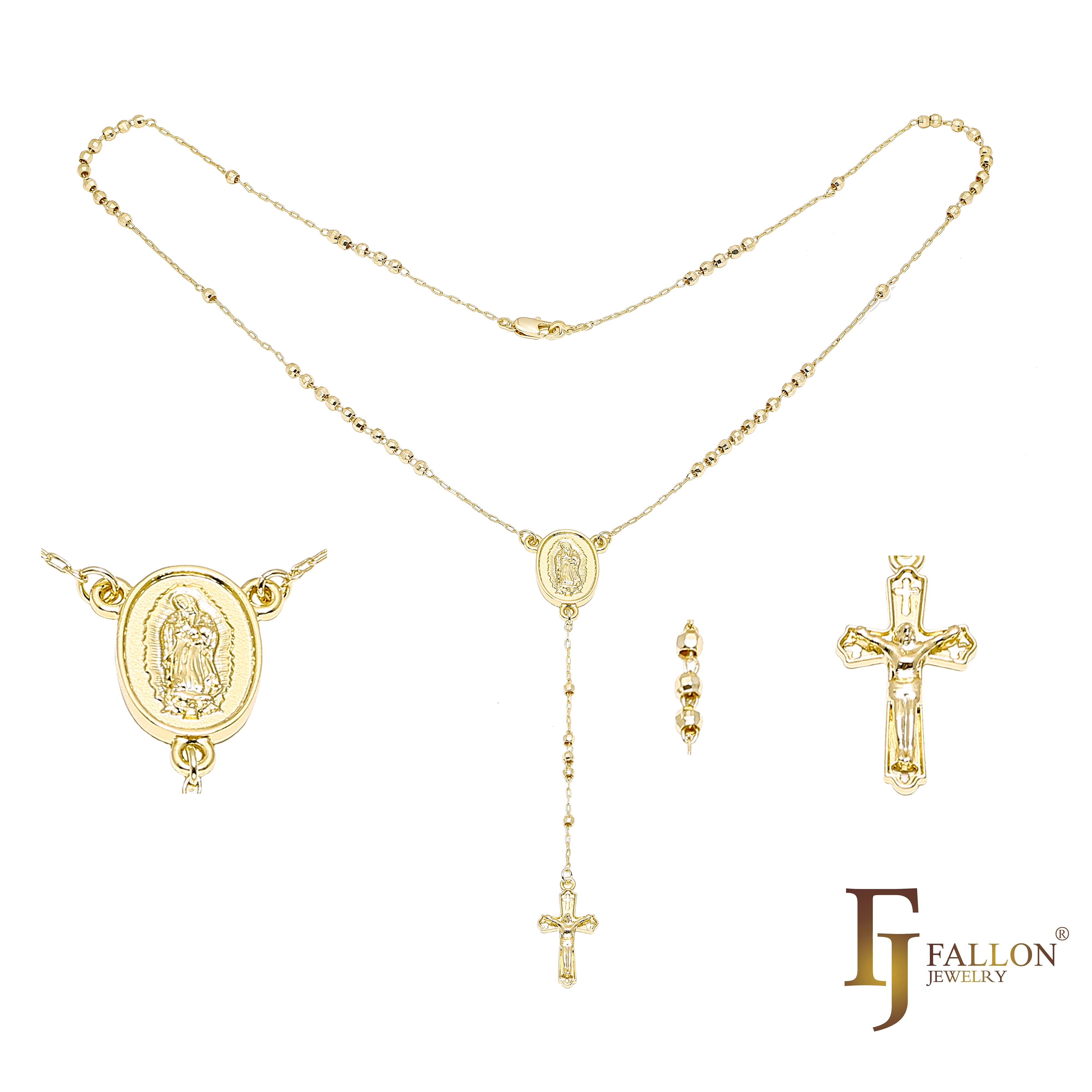 Italian Virgin of Guadalupe Catholic Rosary Necklace (Faceted Disco Beads) plated in 14K Gold, 14K Gold two tone