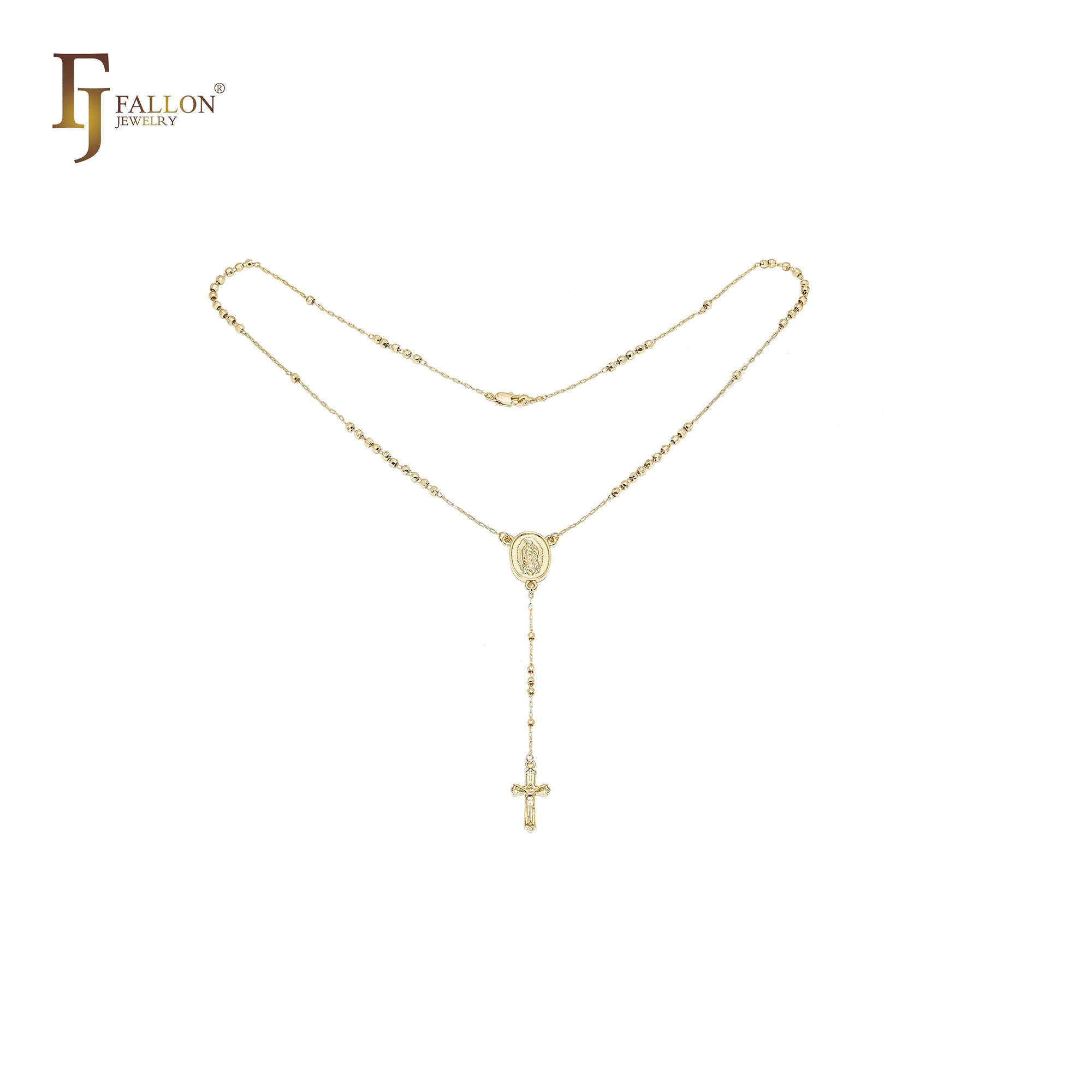 Italian Virgin of Guadalupe Catholic Rosary Necklace (Faceted Disco Beads) plated in 14K Gold, 14K Gold two tone