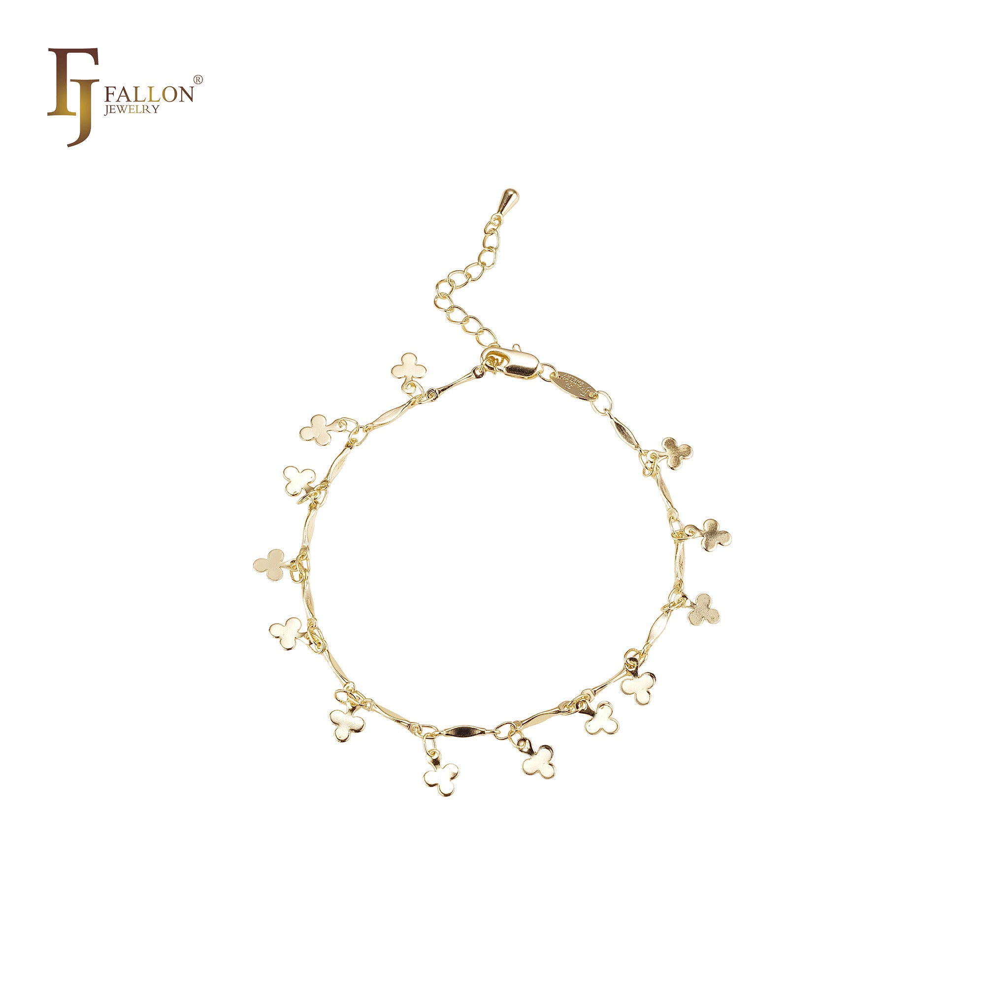Pulseiras elegantes de trevo e elos de barra banhadas a ouro 14K