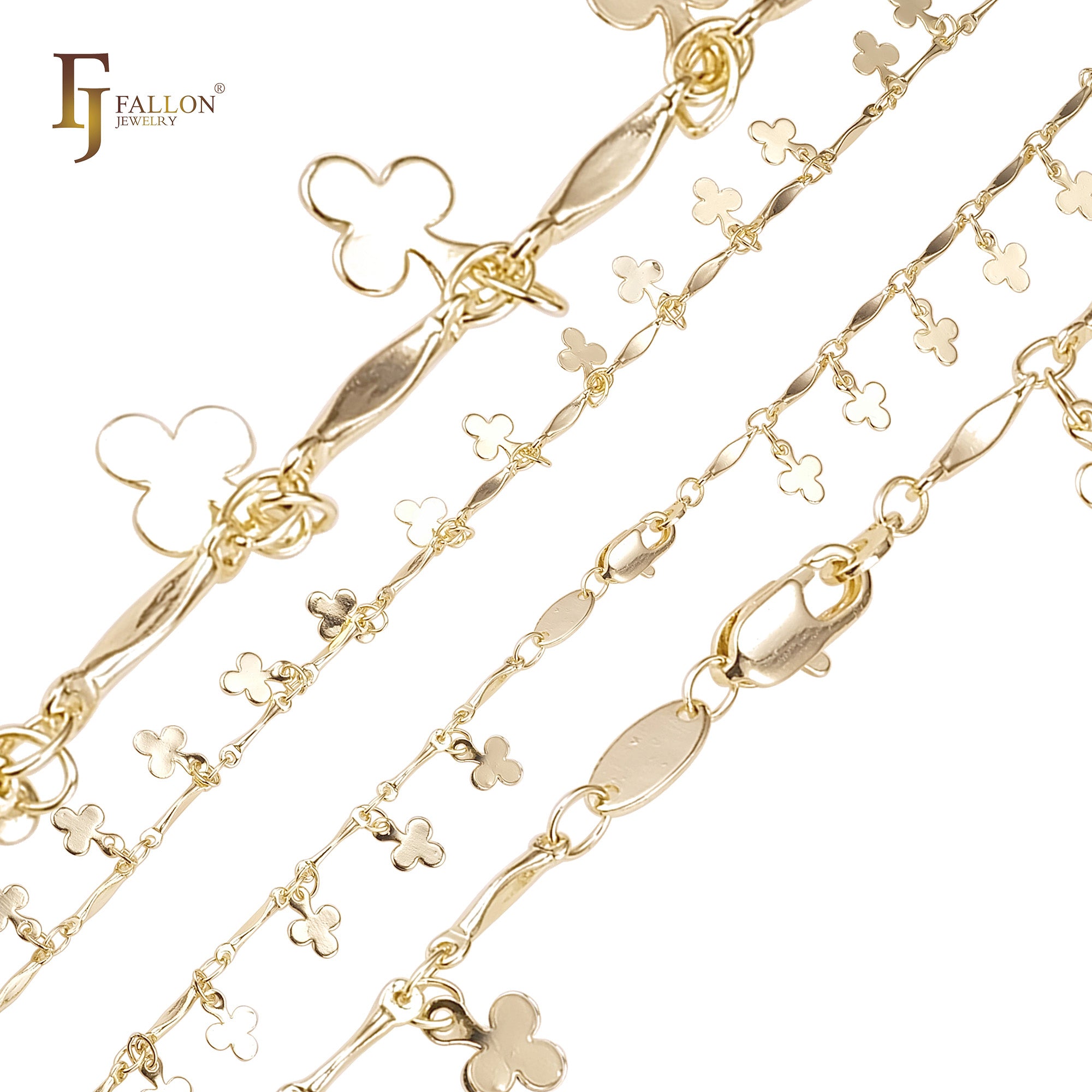 Pulseiras elegantes de trevo e elos de barra banhadas a ouro 14K