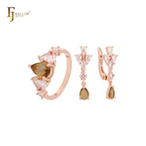Conjunto de joias de ouro rosa com zircônias cúbicas em formato de pera e anéis