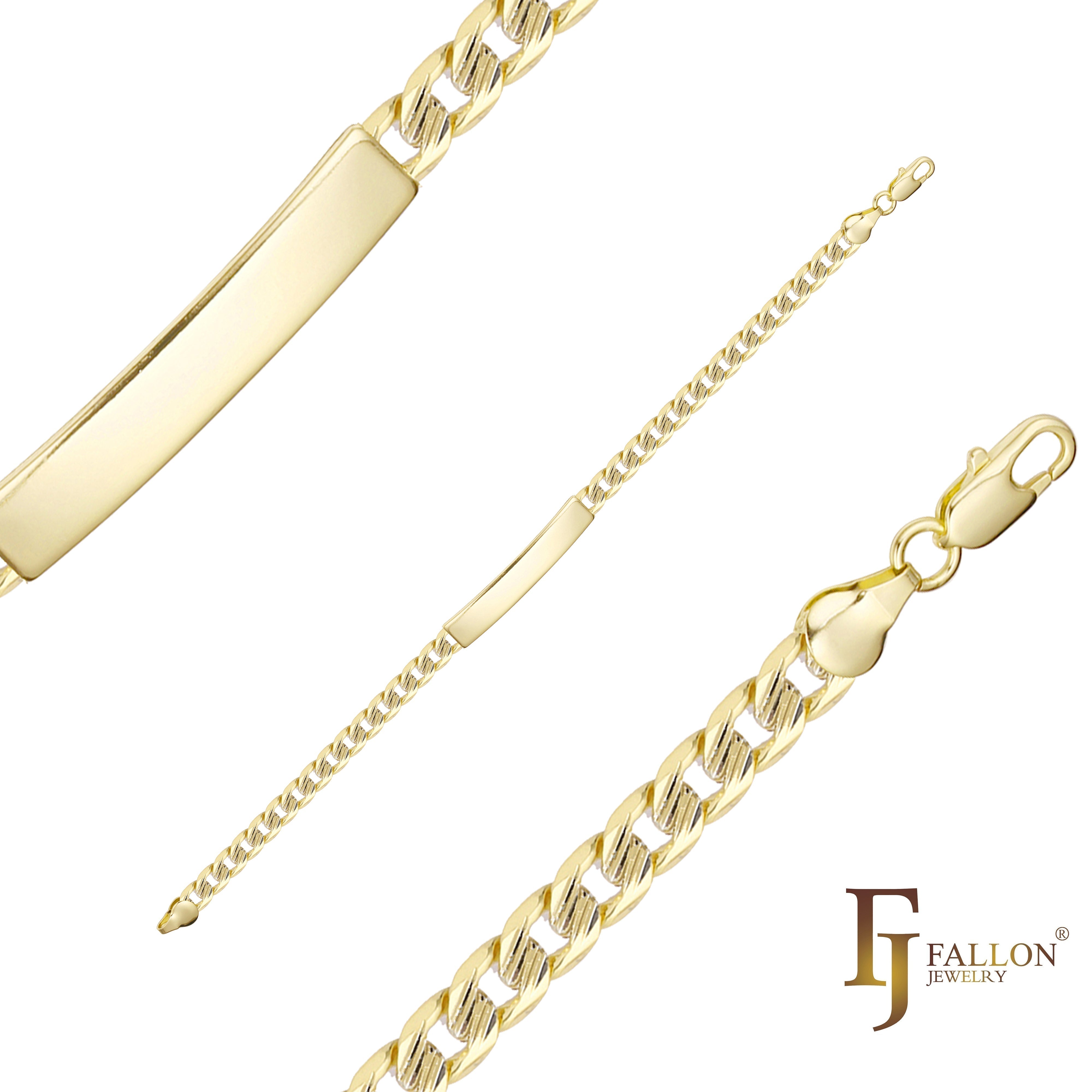 Curb link trace hammered Men's ID bracelets plated in 14K Gold, two tone colors clth