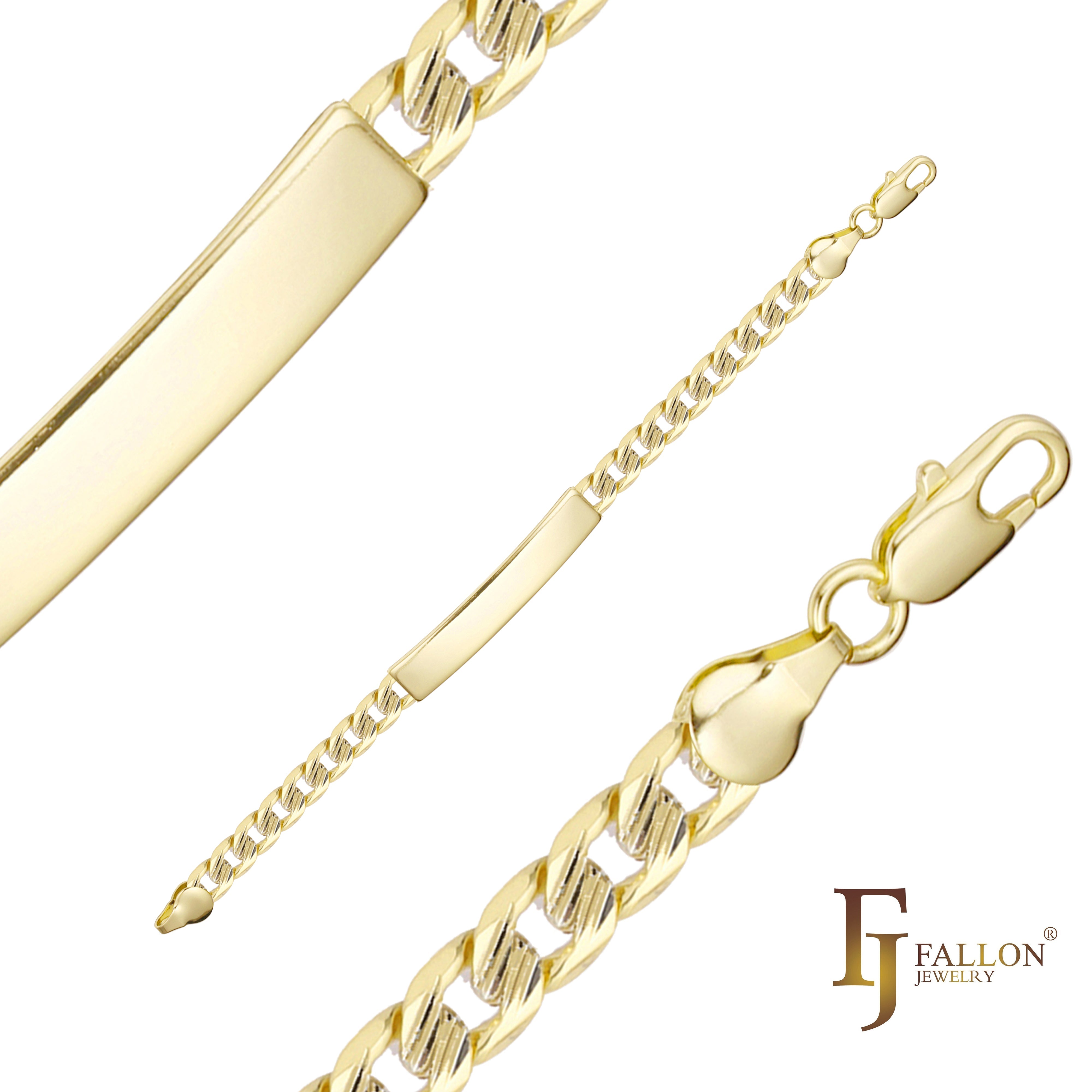 Curb link trace hammered Men's ID bracelets plated in 14K Gold, two tone colors clth