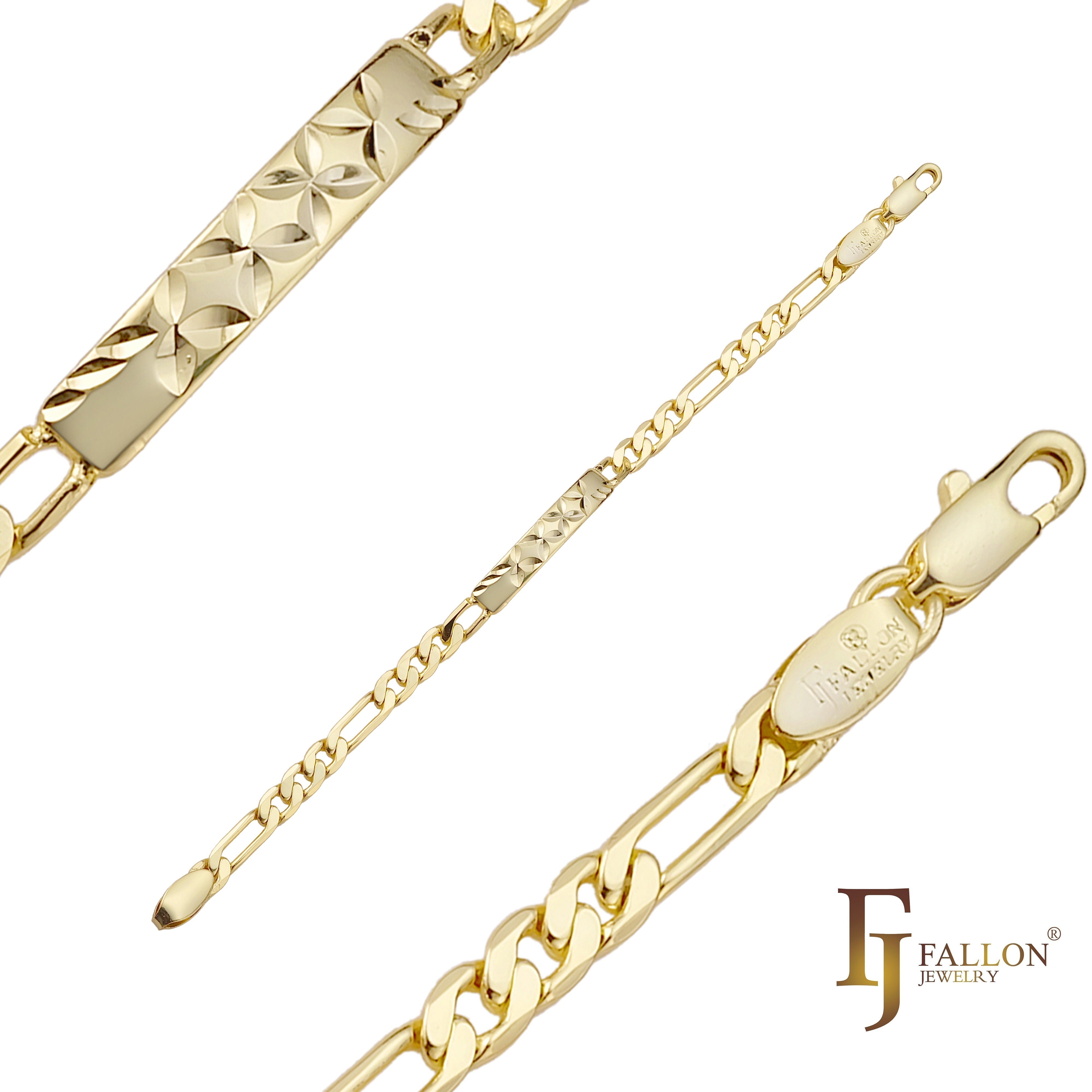 Figaro link 14K Gold, two tone, three tone Cross Leafing Engraved ID Men's bracelets