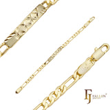 Figaro link 14K Gold, two tone, three tone Cross Leafing Engraved ID Men's bracelets