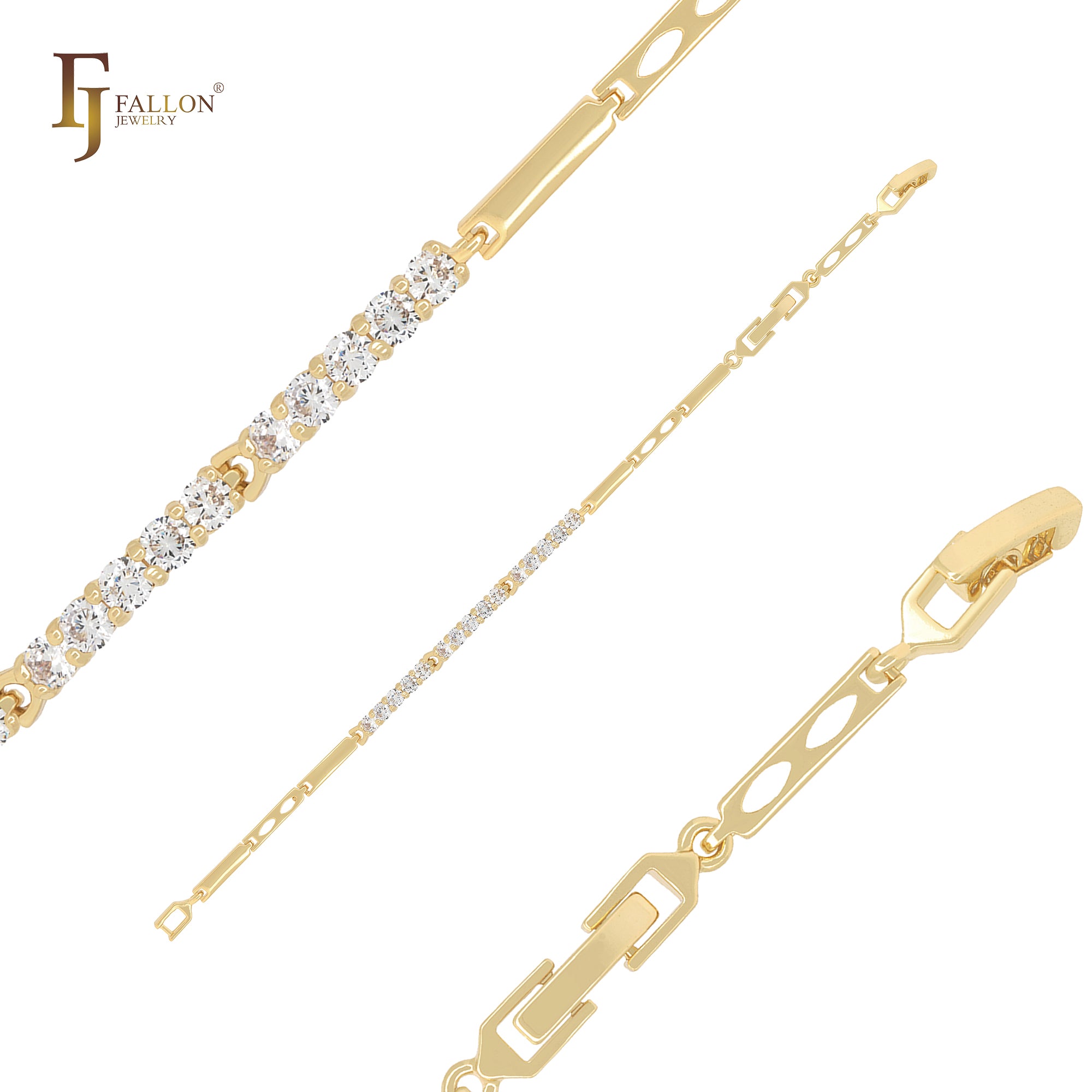 Long bar mixed white CZs 14K Gold Bracelets
