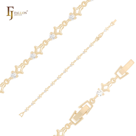 Fancy maple leaves mixed white CZs link 14K Gold Bracelets
