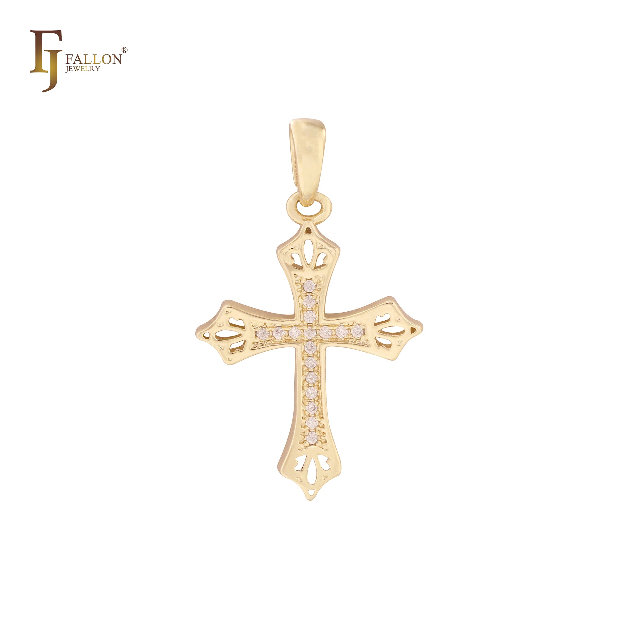 Paved white CZs Cluster white CZs 14K Gold Latin Cross Pendant
