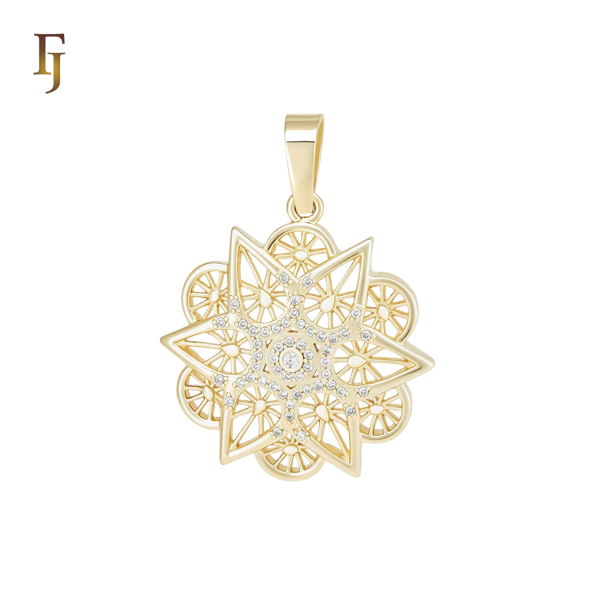Star Snow flake white CZs 14K Gold Filigree Pendant