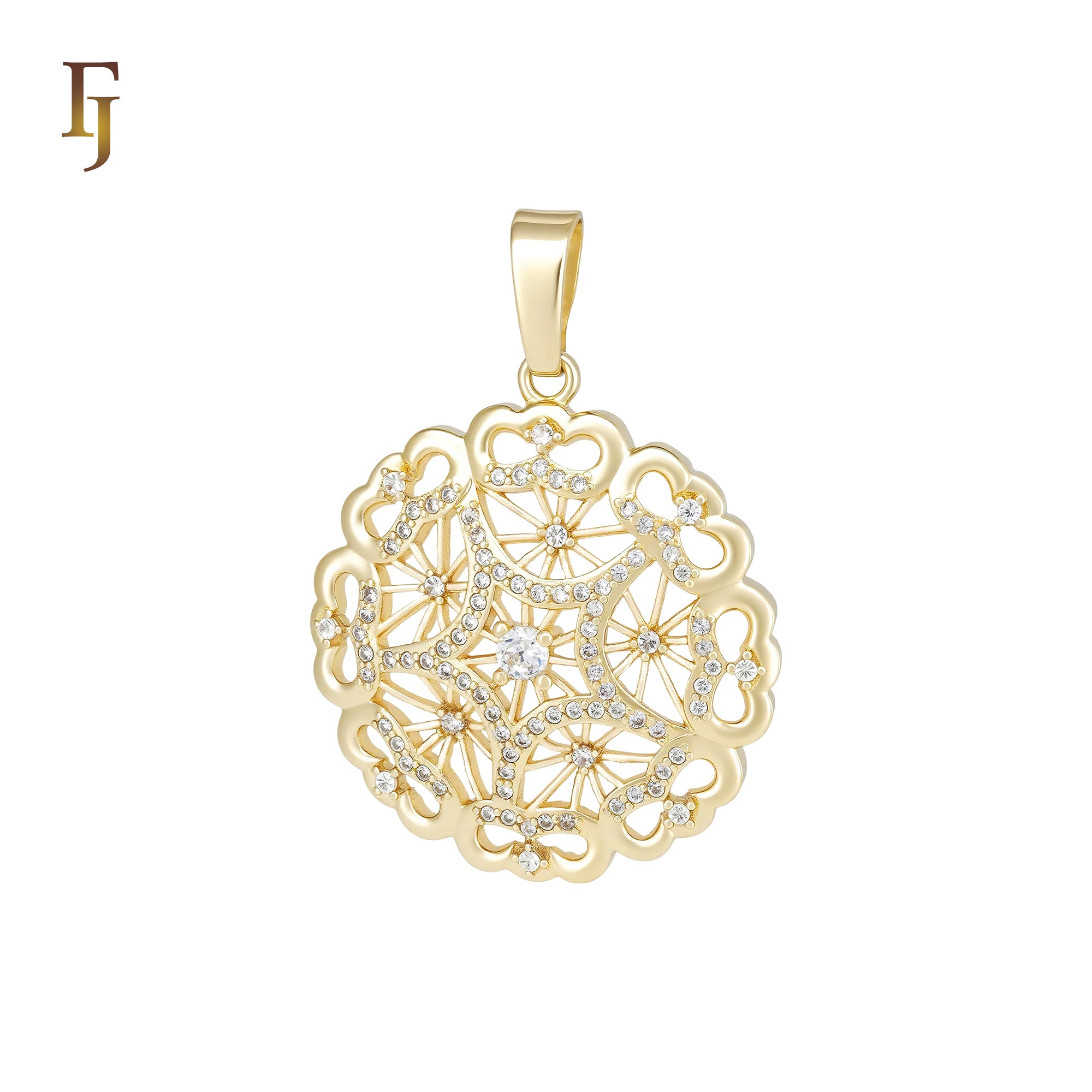 Heart snow flake white CZs 14K Gold Filigree Pendant