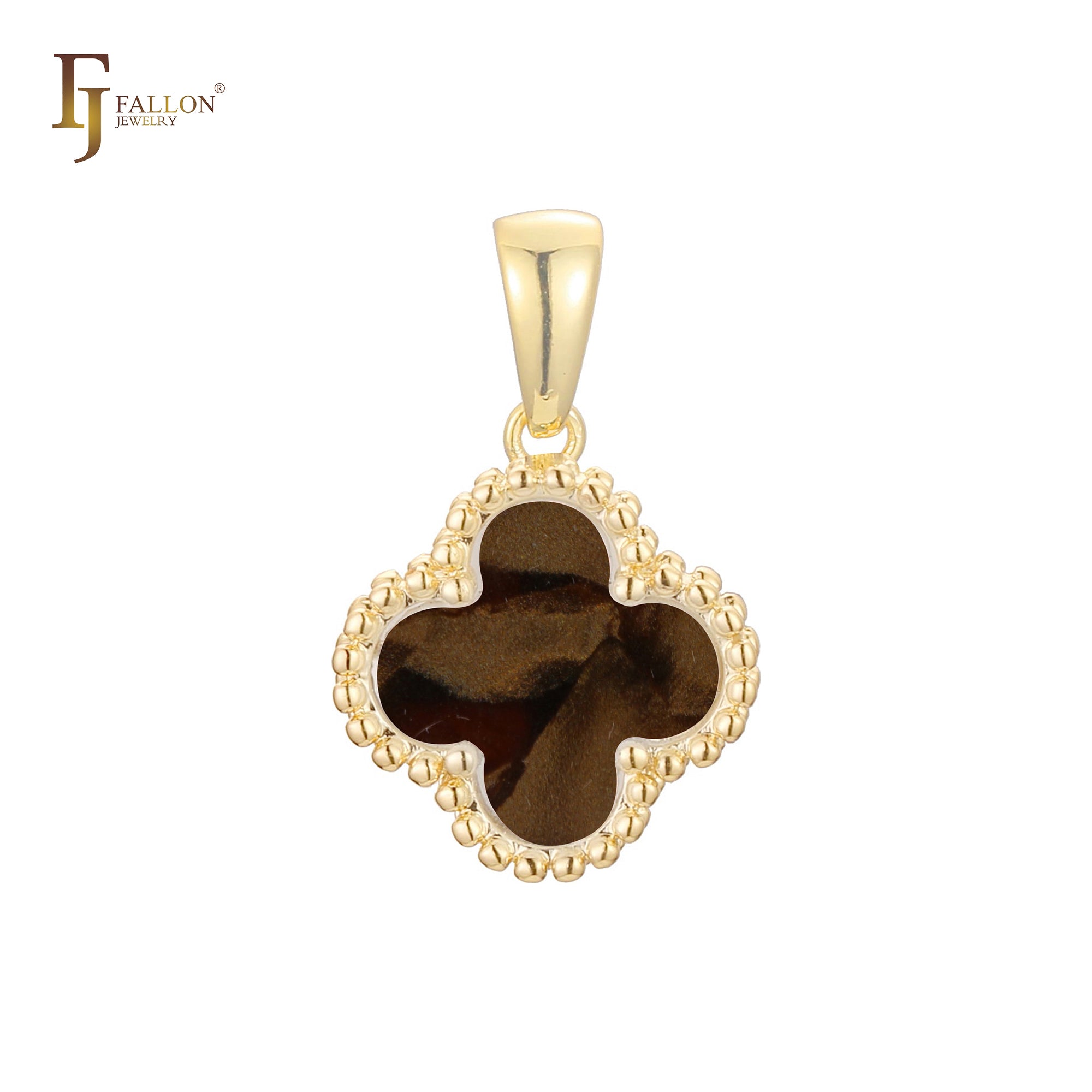 🔥 Clover-Shaped 12mm Colorful Onyx Pendant in Beaded Frame, 14K Gold, Rose Gold, White Gold Plated Brass | FJ Fashion Jewelry