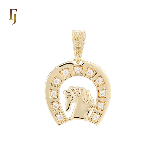 Horse Head Horseshoe Pendant Cubic Zirconia 14K Gold Plated Hypoallergenic Tarnish Resistant Jewelry FJ Fallon Jewelry