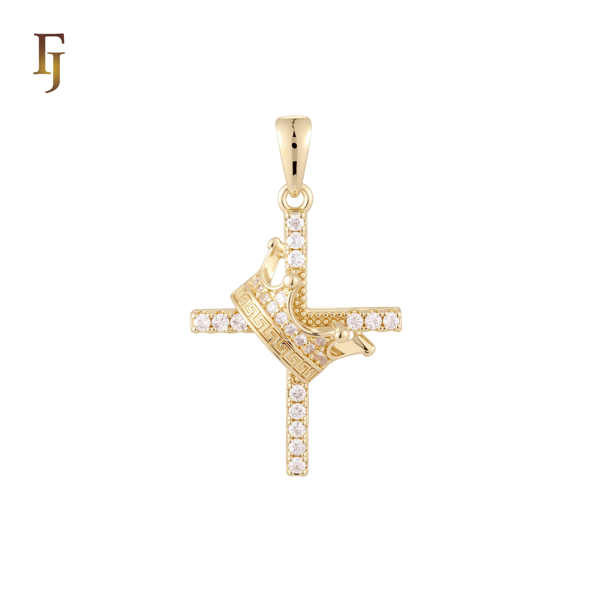 Crown on a cluster white CZs 14K Gold Cross Pendant Religious Christian