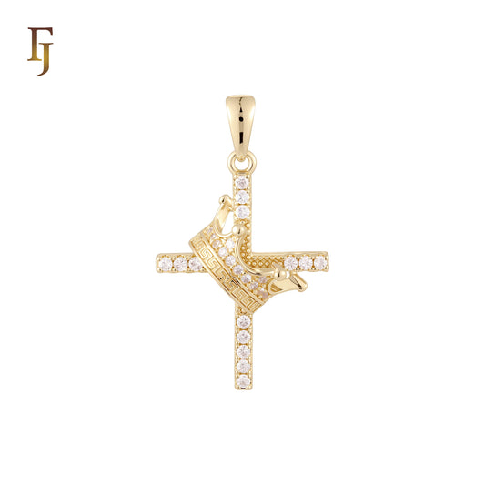 Crown on a cluster white CZs 14K Gold Cross Pendant Religious Christian