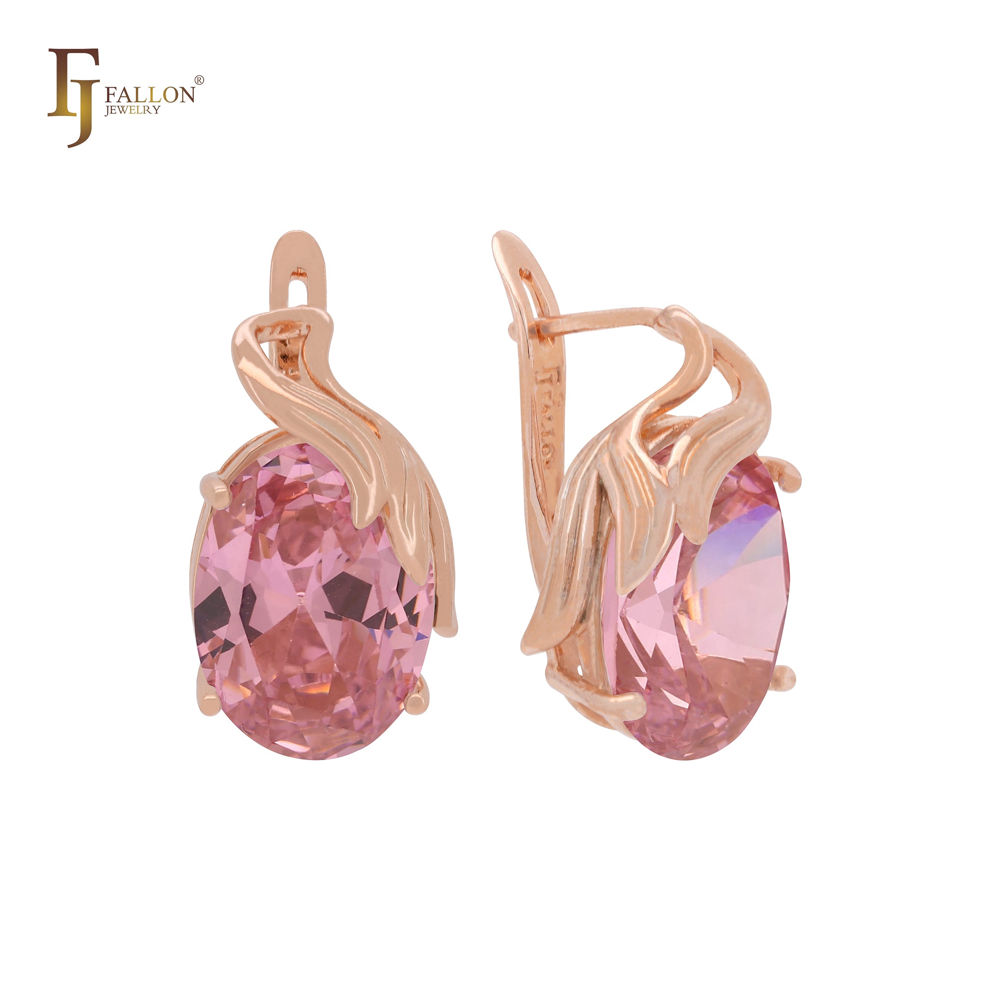 Pendientes solitarios grandes de oro rosa con circonitas cúbicas ovaladas y coloridas