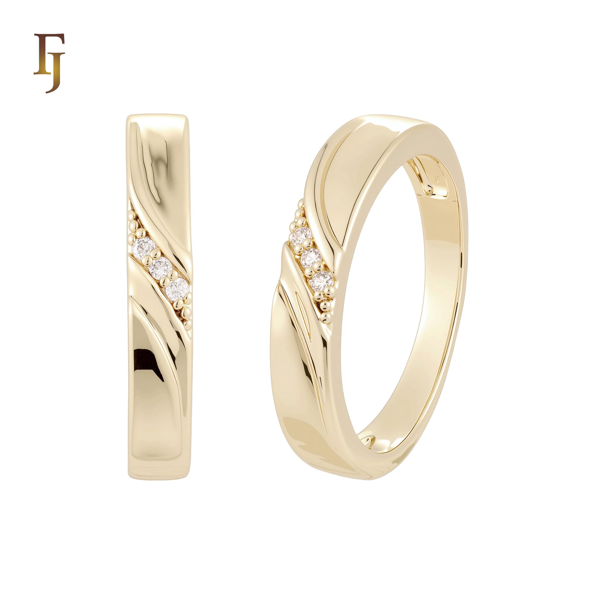 Solitaire white CZs Smooth Ribbon bands white CZs 14K Gold, Rose Gold Wedding Set Rings