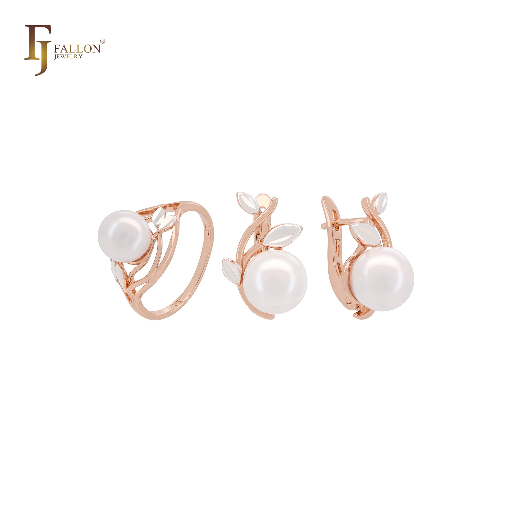 Pearl of silver leaves Rose Gold two tone Jewelry Set with Rings
