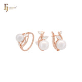 Pearl of silver leaves Rose Gold two tone Jewelry Set with Rings