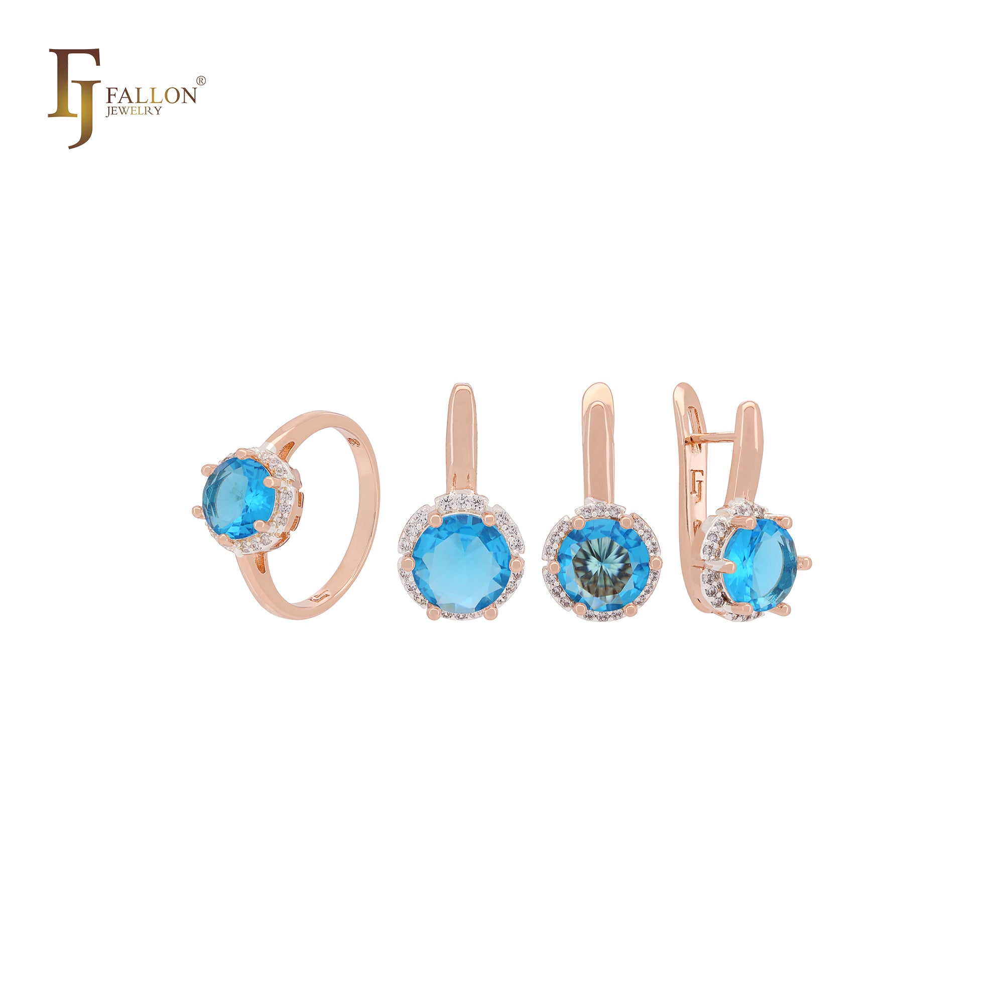 Solitaire Halo Big Rounded Colorful CZ Rose Gold two tone Jewelry Set with Rings and Pendant