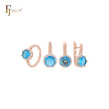 Solitaire Halo Big Rounded Colorful CZ Rose Gold two tone Jewelry Set with Rings and Pendant