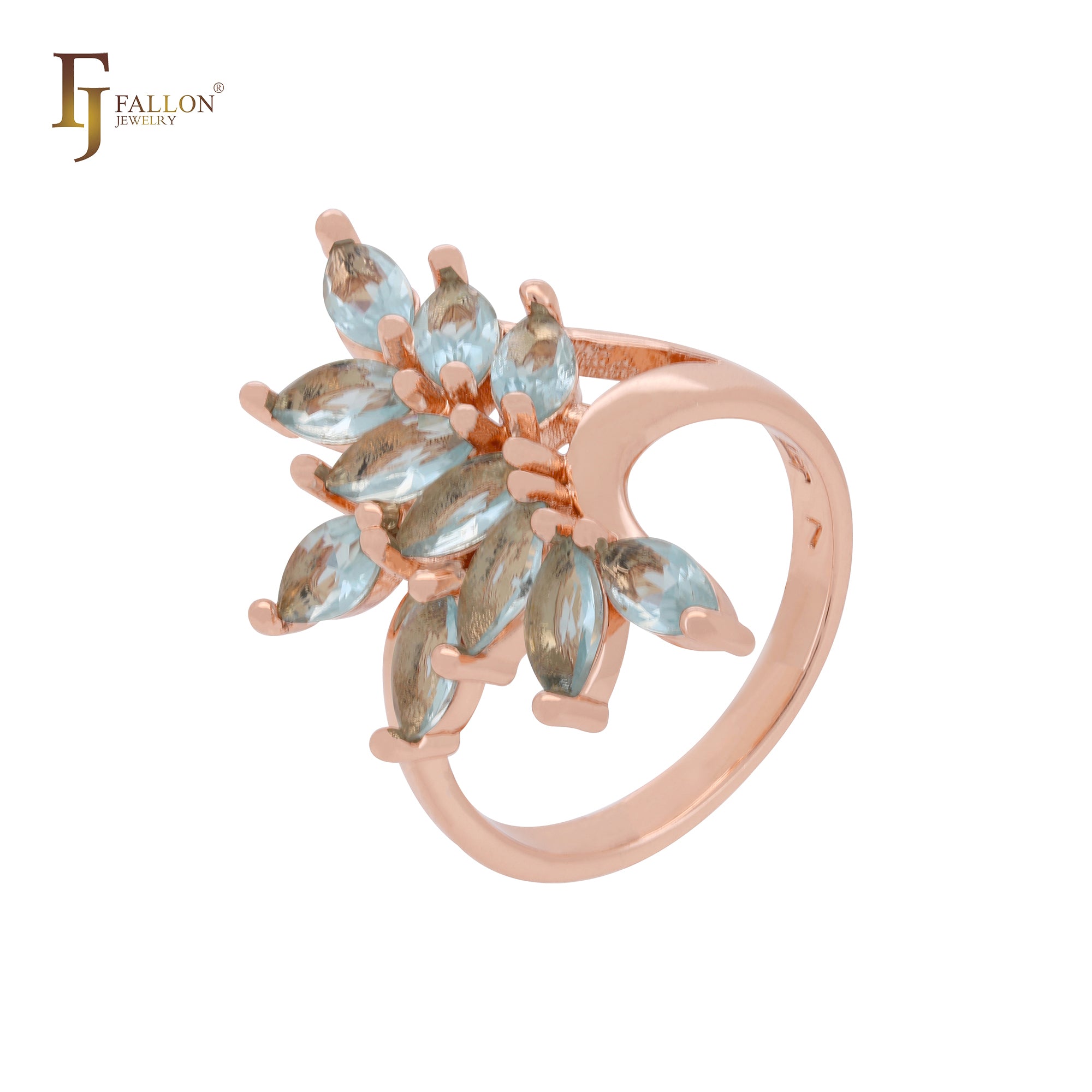 Anillos de moda lujosos de oro rosa con circonitas cúbicas en azul lago profundo